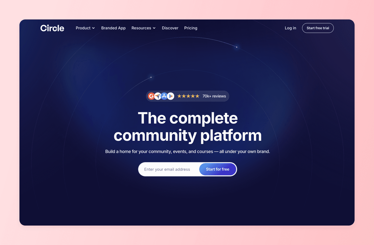 Circle community platform homepage with five-star rating badge, headline text, and email signup form on dark blue background
