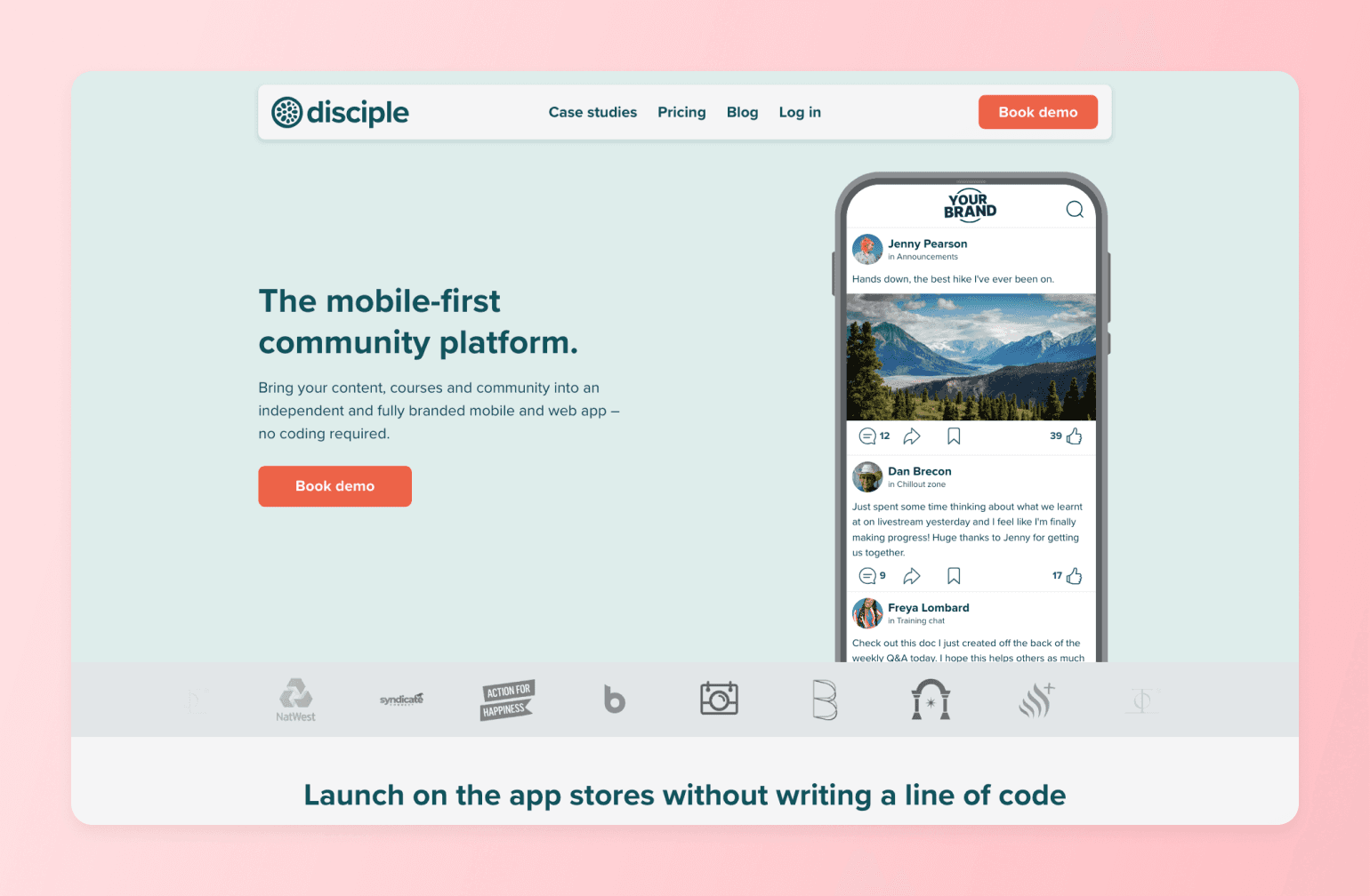 Disciple mobile community platform interface showing social feed with mountain landscape post and user comments on branded app