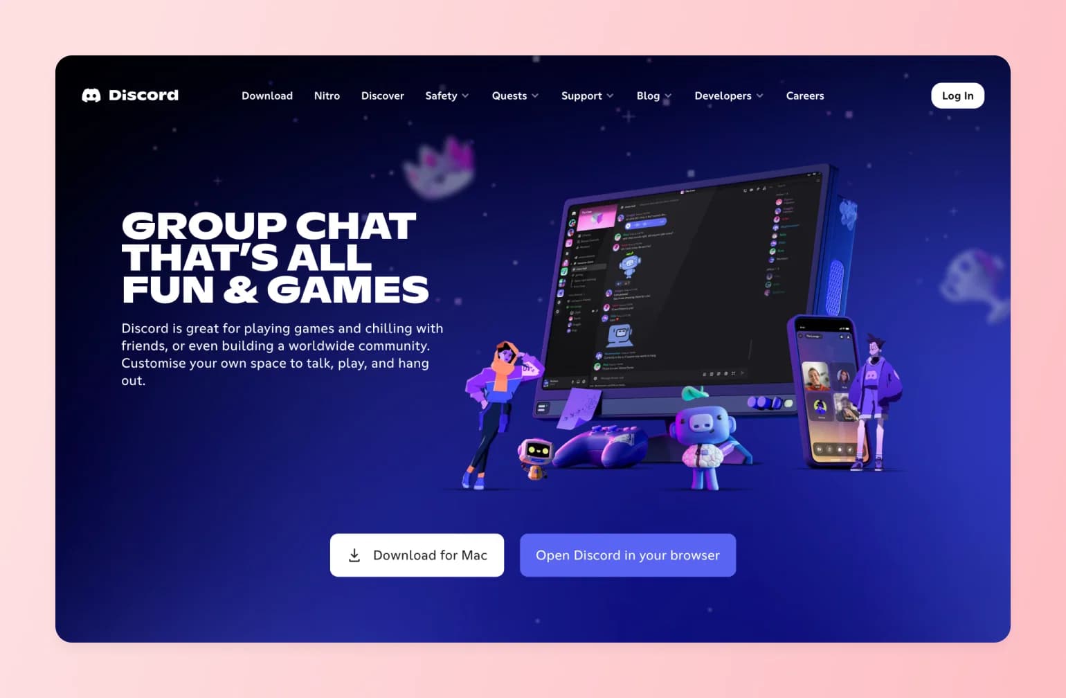 Discord homepage showing desktop and mobile app interfaces with 3D characters, promoting group chat for gaming and community building