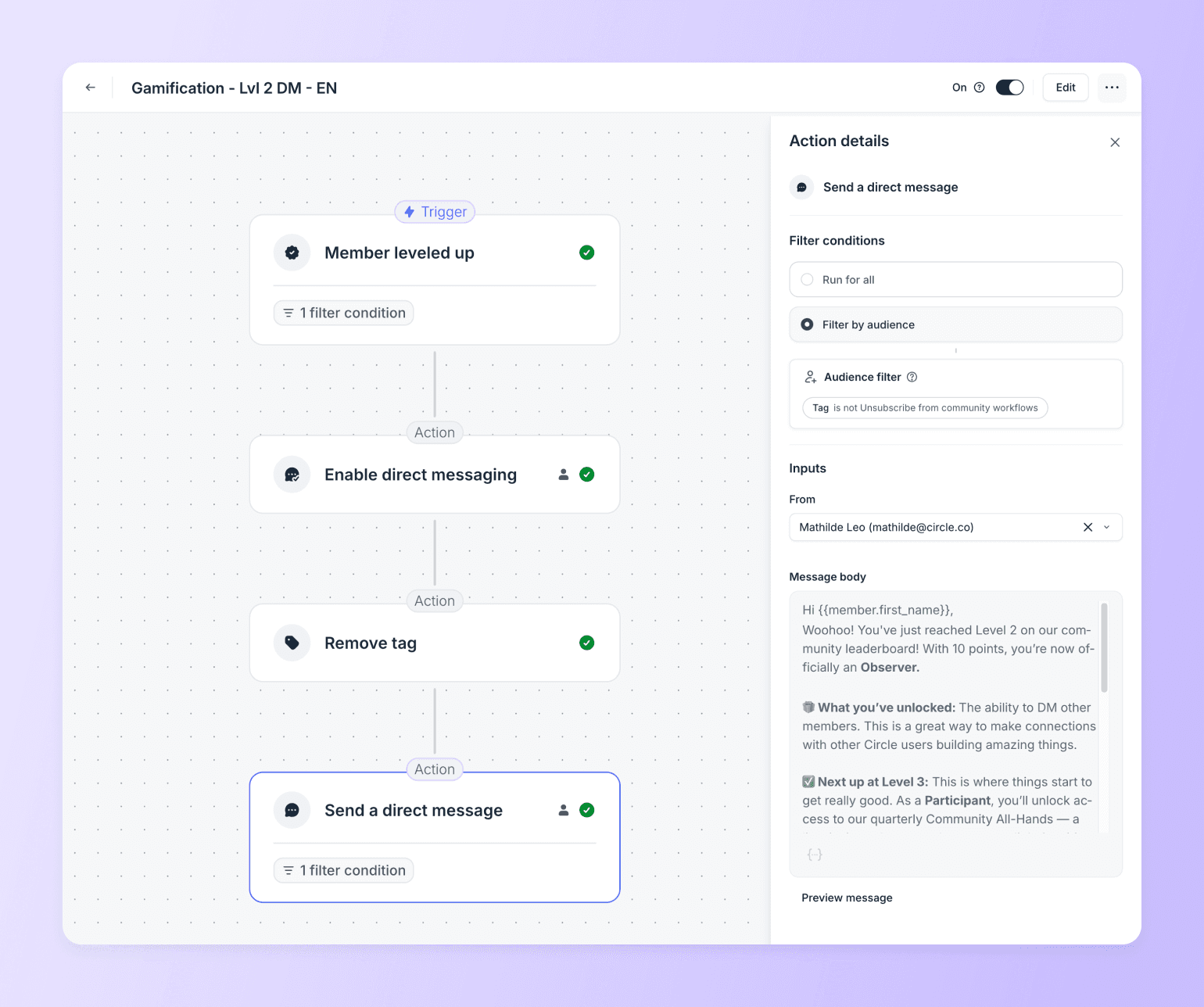 Gamification workflow showing automated direct messaging triggered when member reaches Level 2 with 10 points on community leaderboard