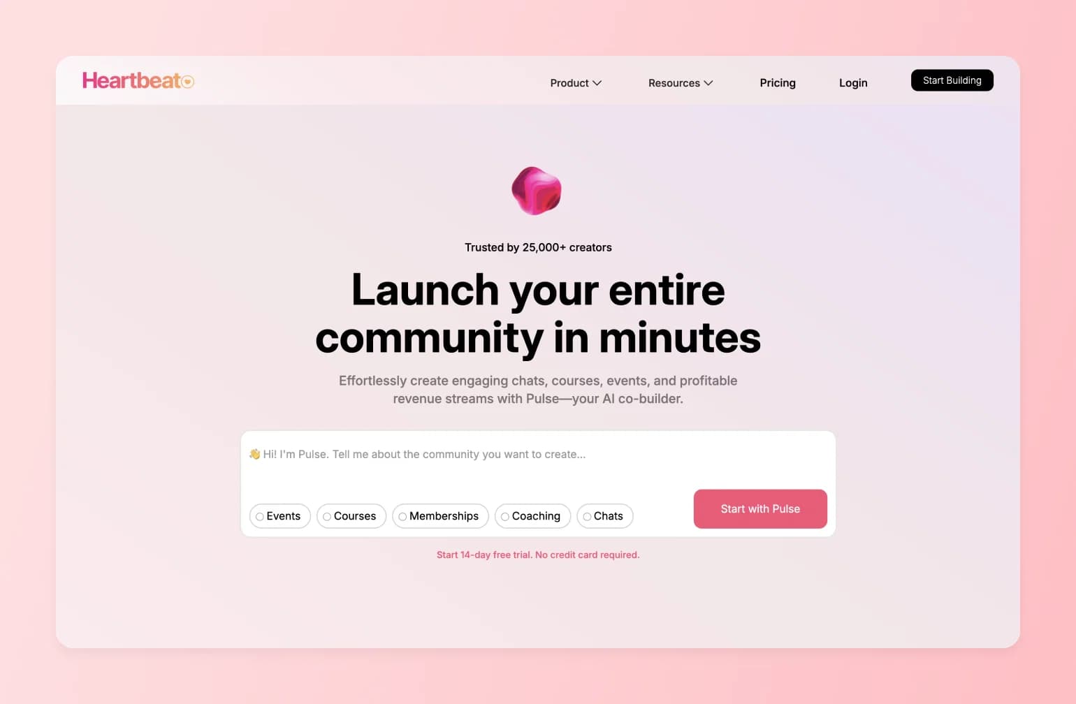 Heartbeat community platform homepage with pink gradient background and AI chatbot interface for creating online communities