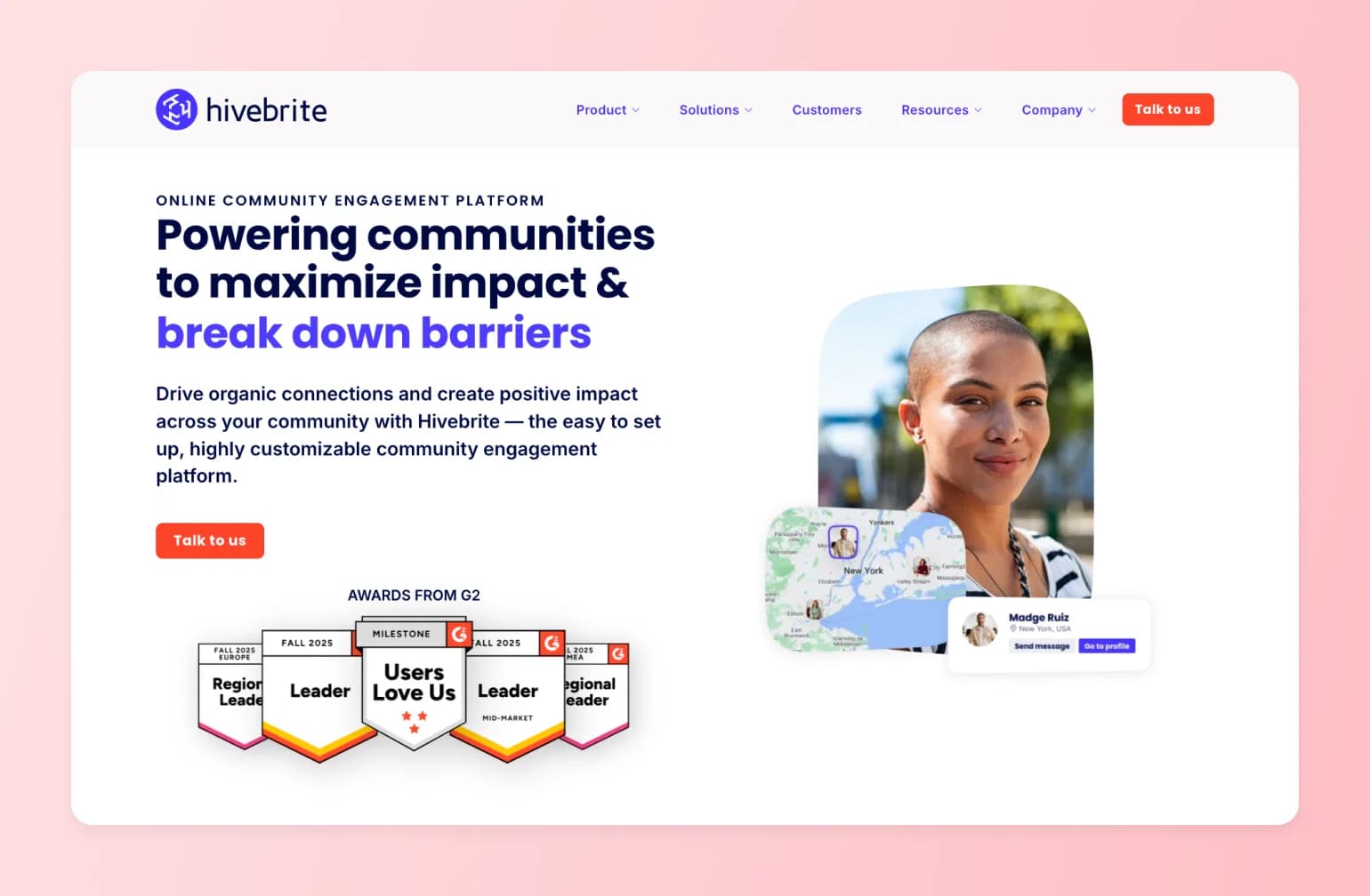 Hivebrite community engagement platform homepage with G2 awards badges and community member profiles on interactive map interface