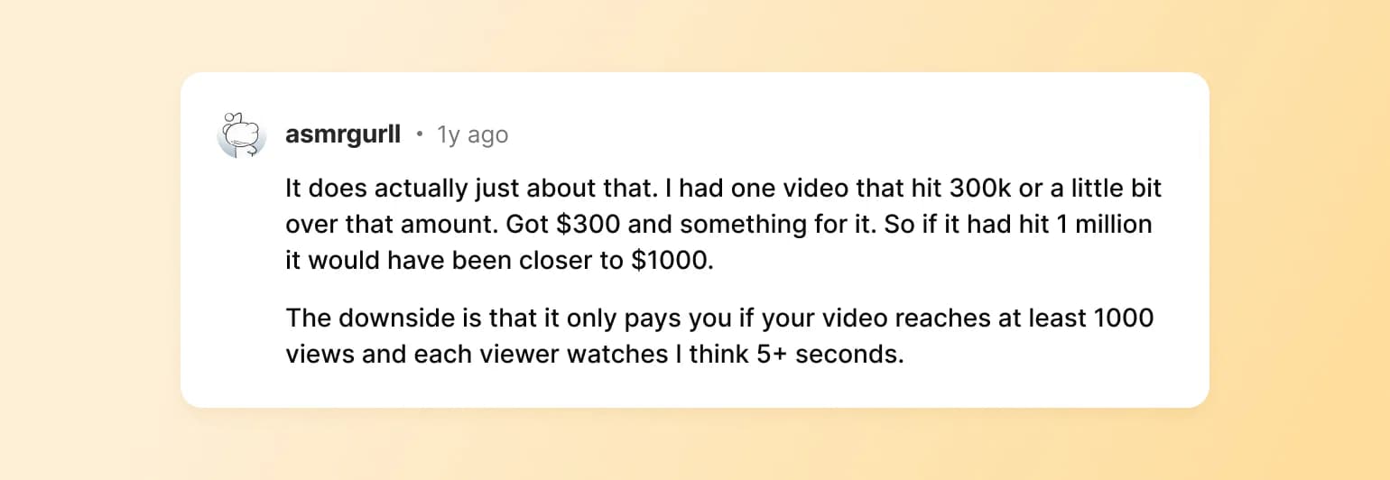 User asmrgurll comment from 1 year ago discussing video monetization earning $300 for 300k views with payment threshold requirements