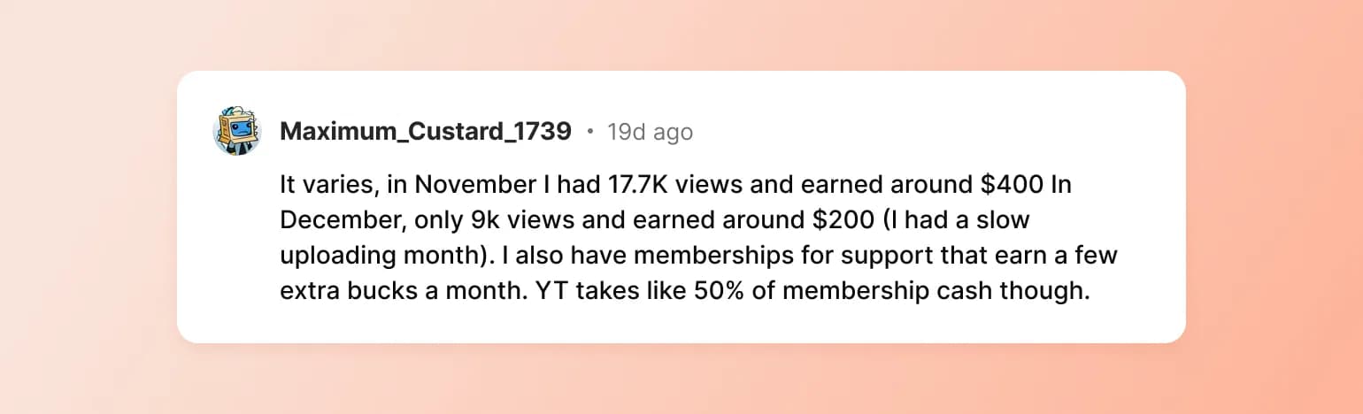 Social media comment by Maximum_Custard_1739 discussing YouTube earnings varying from $400 for 17.7K views to $200 for 9K views