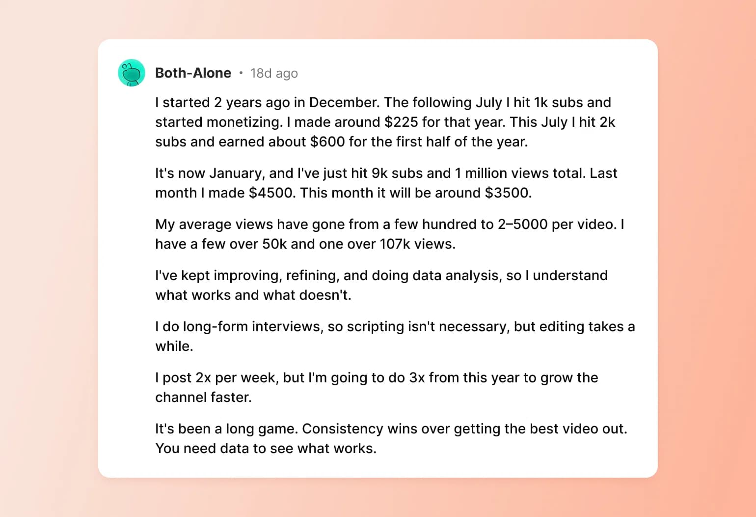 Social media post from Both-Alone sharing YouTube channel growth from 1k to 9k subscribers and monthly earnings increasing from $225 to $4500