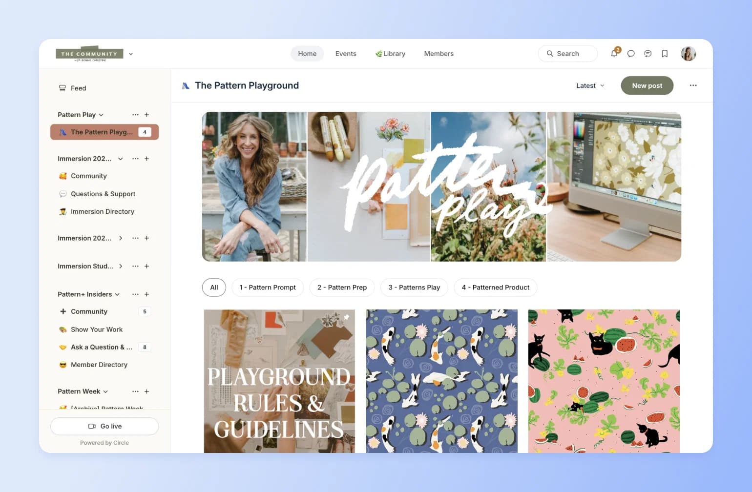 The Pattern Playground community feed showing pattern design gallery with lifestyle photos, text overlays, and fabric swatches