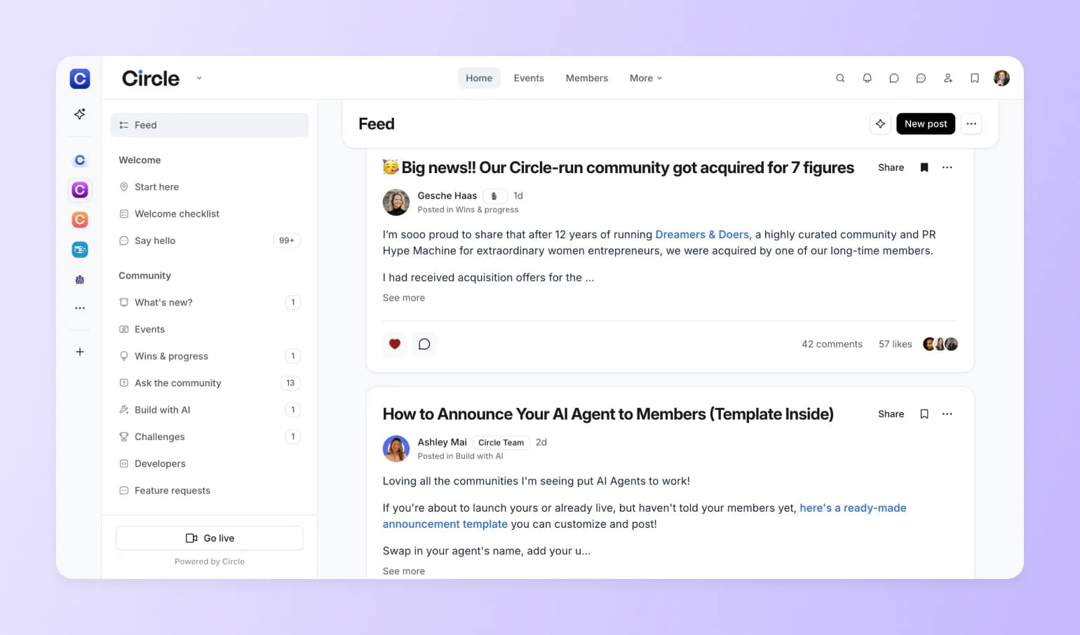 Circle community platform interface showing feed with announcement posts, sidebar navigation, and engagement metrics