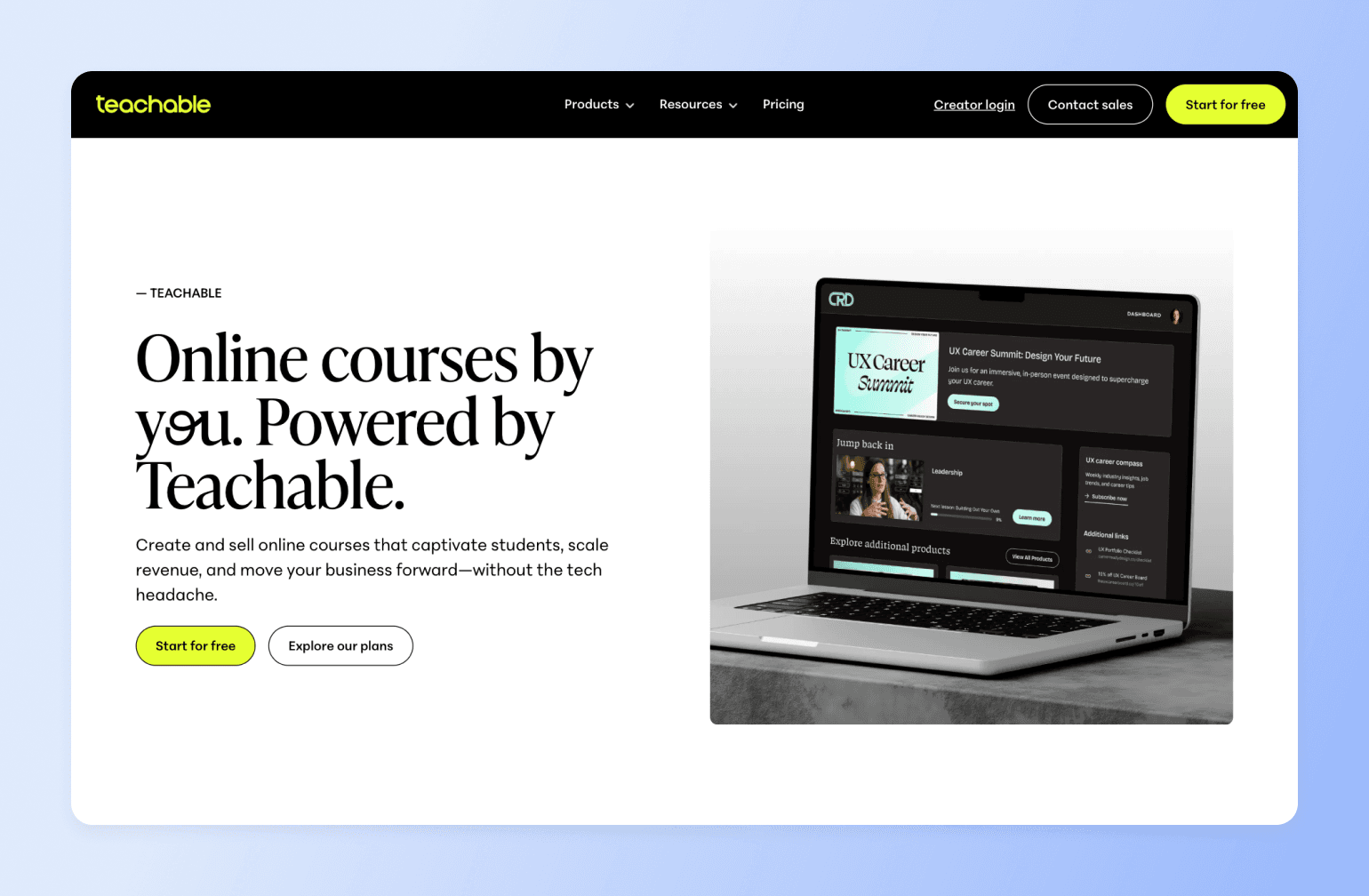 Laptop displaying Teachable platform dashboard with UX Career Summit course and video content sections