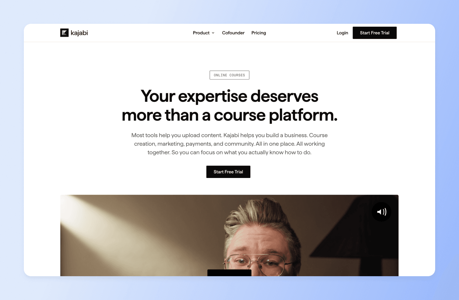 Kajabi online course platform homepage featuring headline about building expertise into a complete business solution with video testimonial