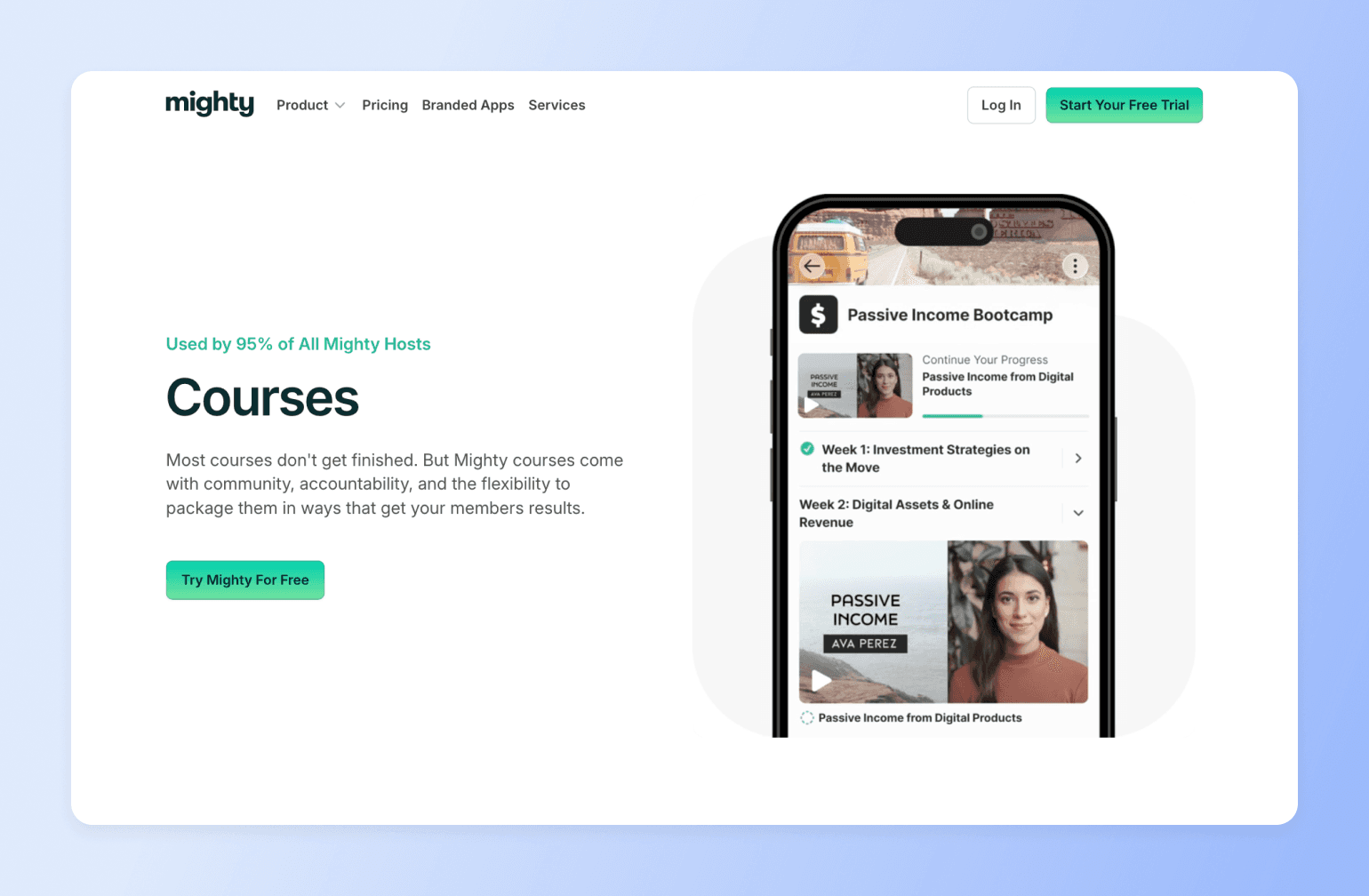 Smartphone displaying Passive Income Bootcamp course interface with video lessons and weekly modules by Ava Perez