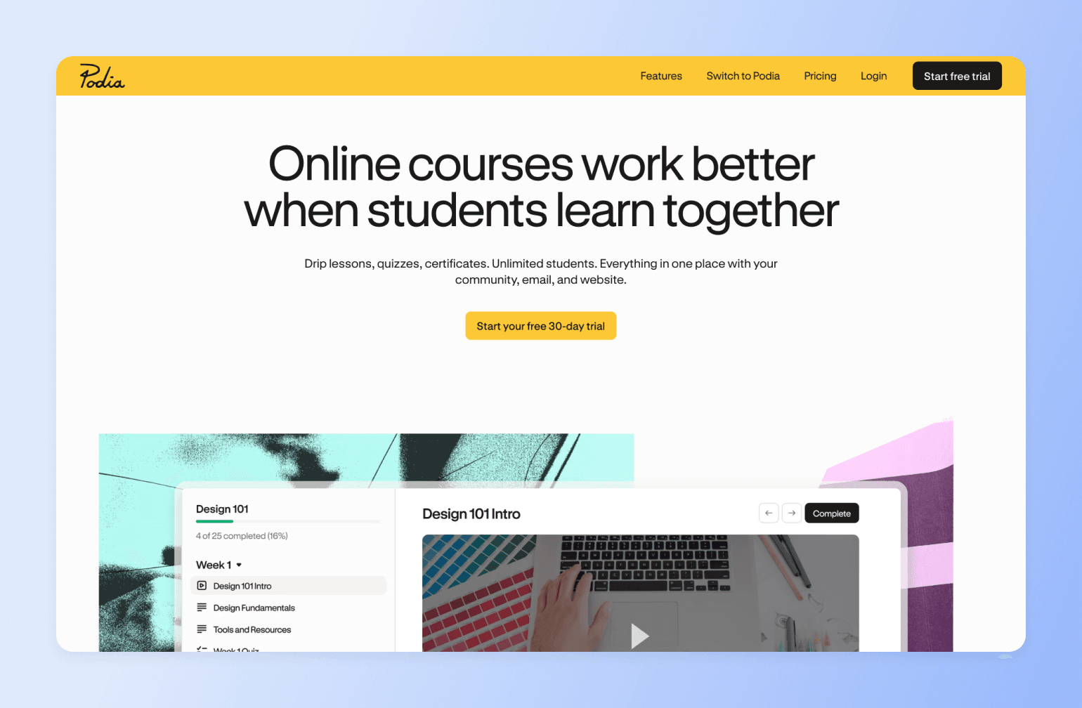 Podia online course platform showing Design 101 curriculum with lesson menu and video player displaying laptop and color swatches