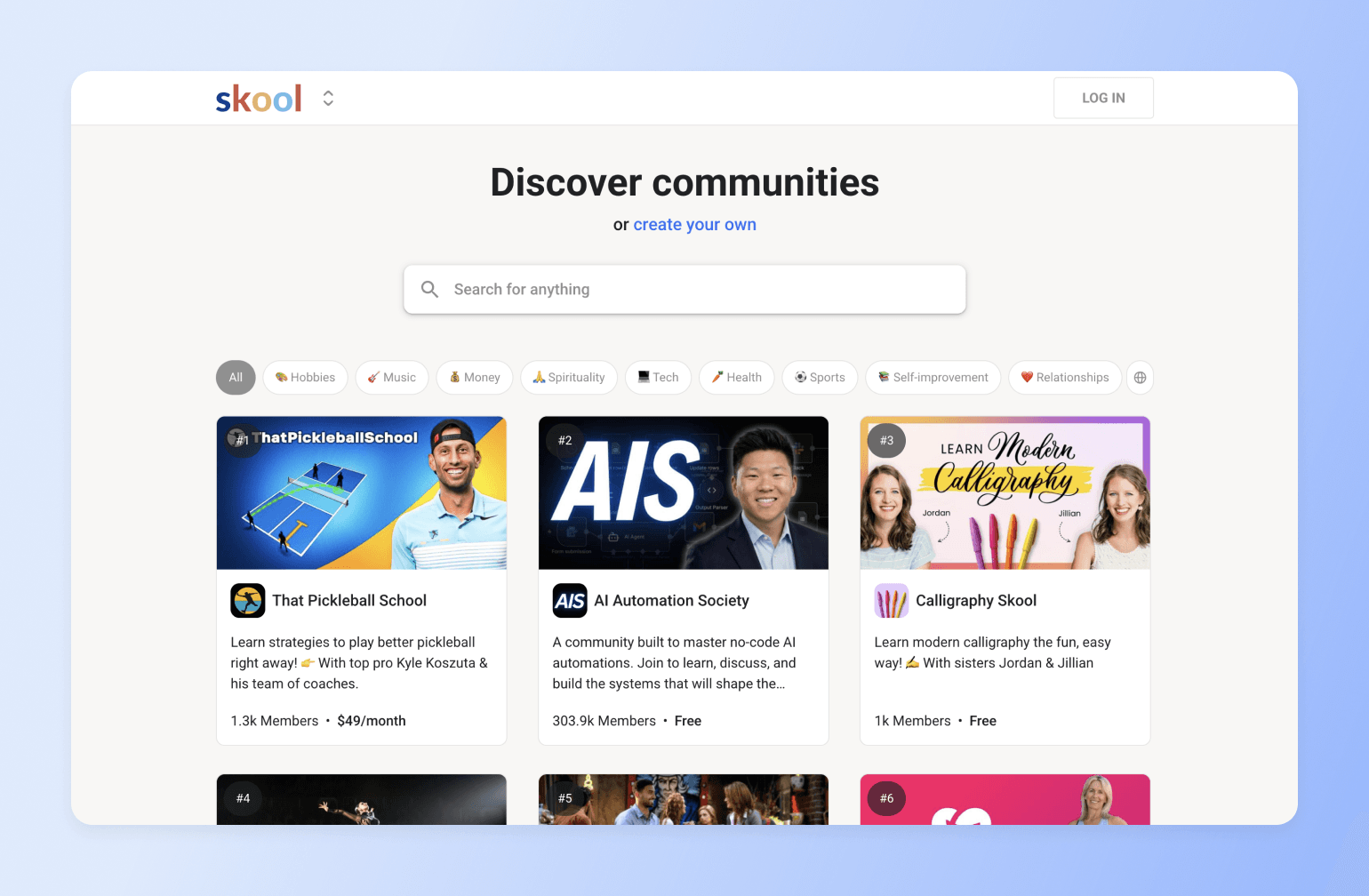 Skool community discovery page showing featured groups including That Pickleball School, AI Automation Society, and Calligraphy Skool with member counts and pricing