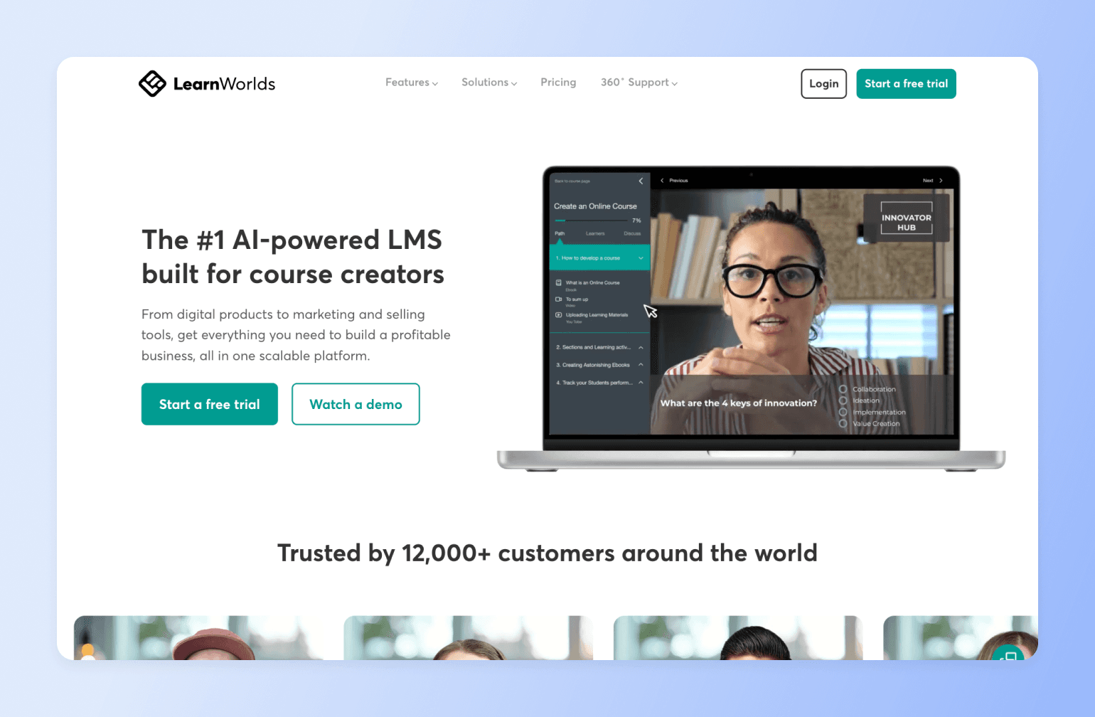 LearnWorlds LMS platform interface showing online course creation dashboard with video instructor wearing glasses and striped shirt