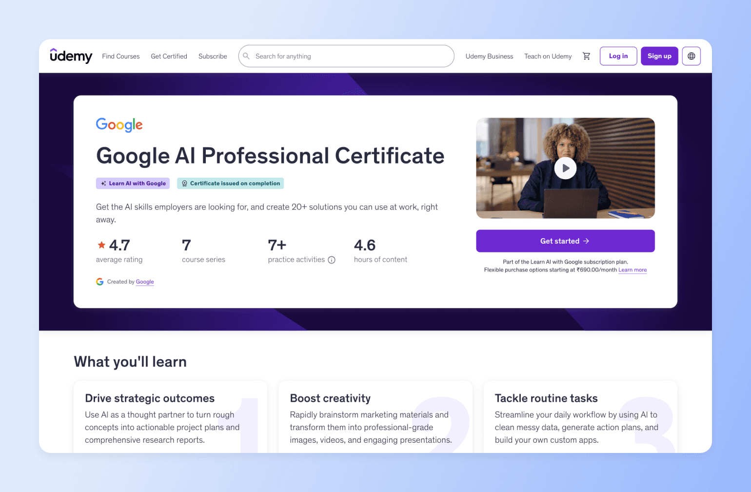 Udemy course page for Google AI Professional Certificate showing 4.7 rating, 7 course series, and student working on laptop