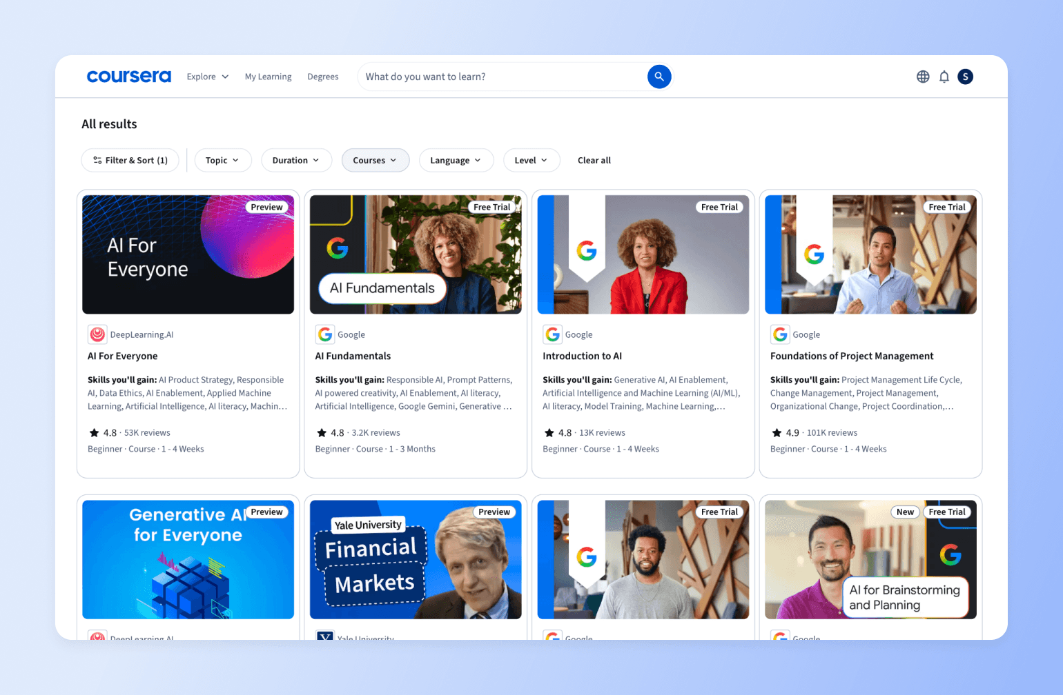Coursera search results page displaying eight AI and project management courses with filters for topic, duration, language, and level