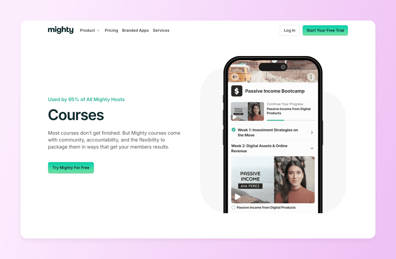 Mighty course app showing weekly lessons and progress tracking, one of the best AI tools for creating online courses in 2026
