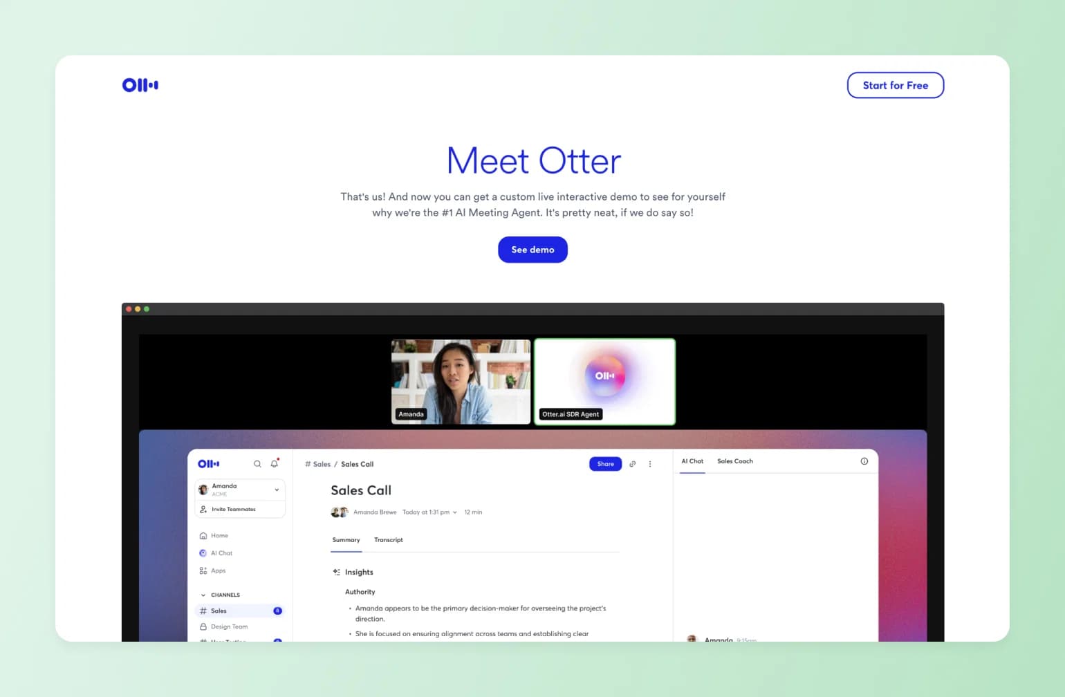 Otter.ai video call and Sales Call summary showing an AI meeting agent extracting authority insights from a transcript