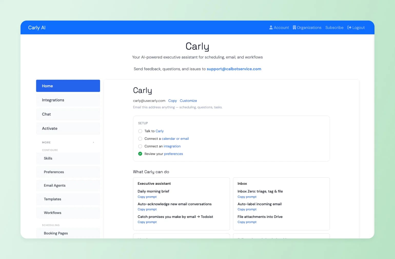 Carly AI dashboard listing setup steps and email prompts, showing one of the best AI tools for coaches managing scheduling and inbox tasks