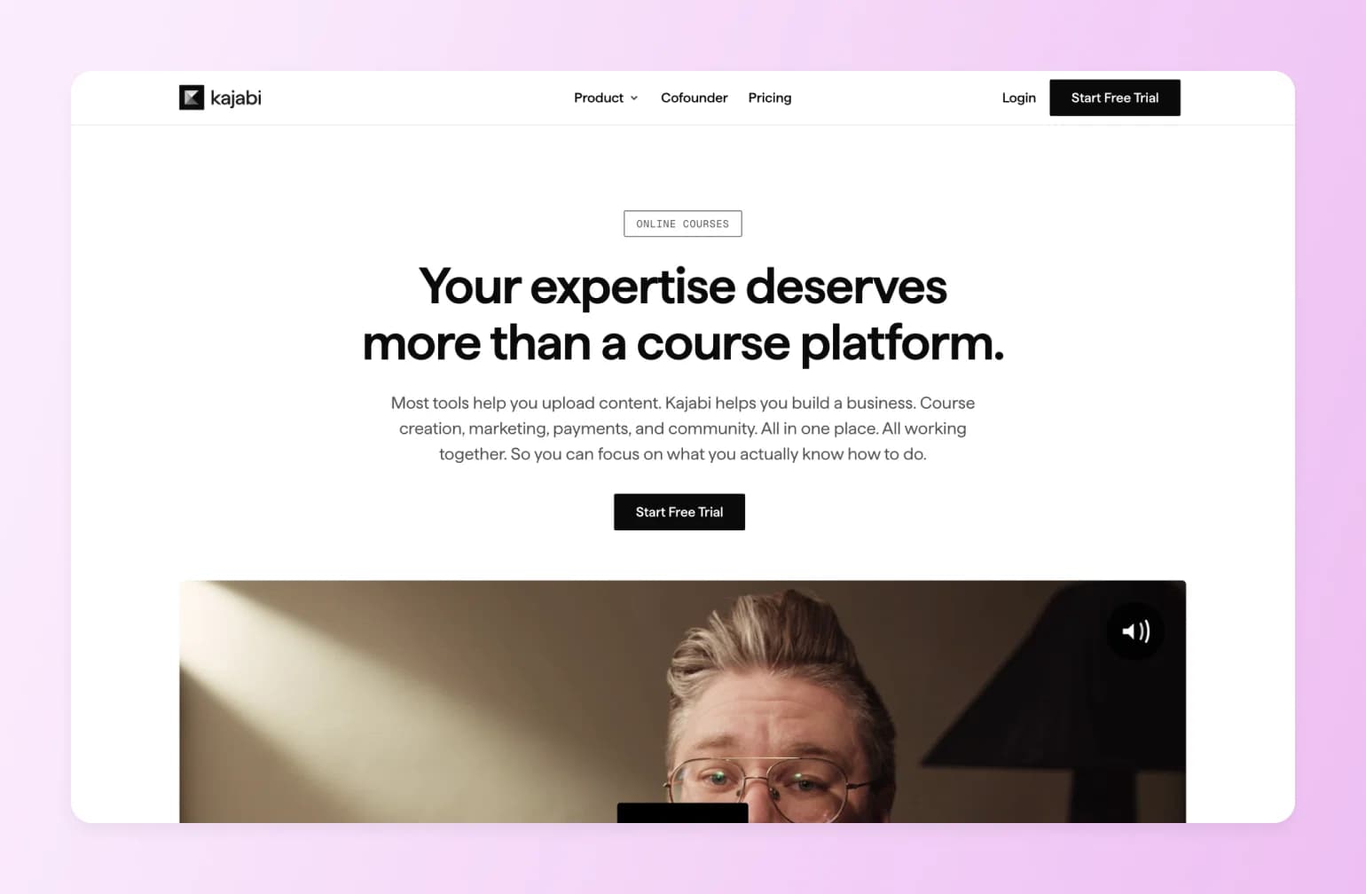 Kajabi homepage headline claiming expertise deserves more than a course platform, one of the best AI tools for creating online courses 2026