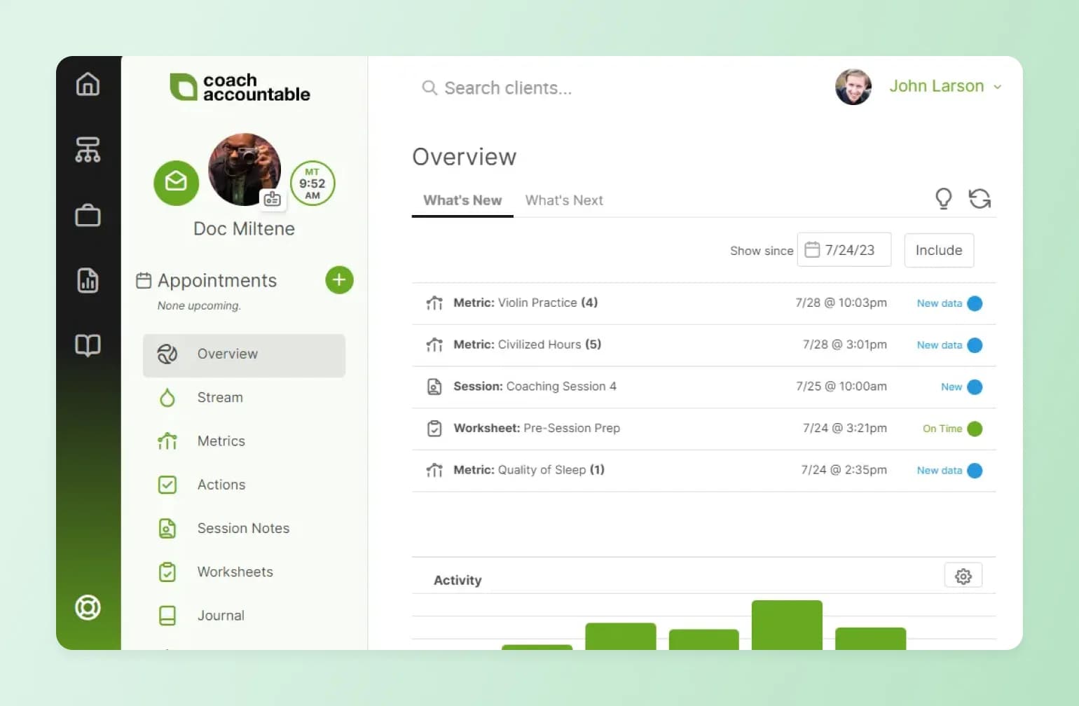 Coach Accountable client dashboard showing metric updates and session activity, used to compare the best AI tools for coaches