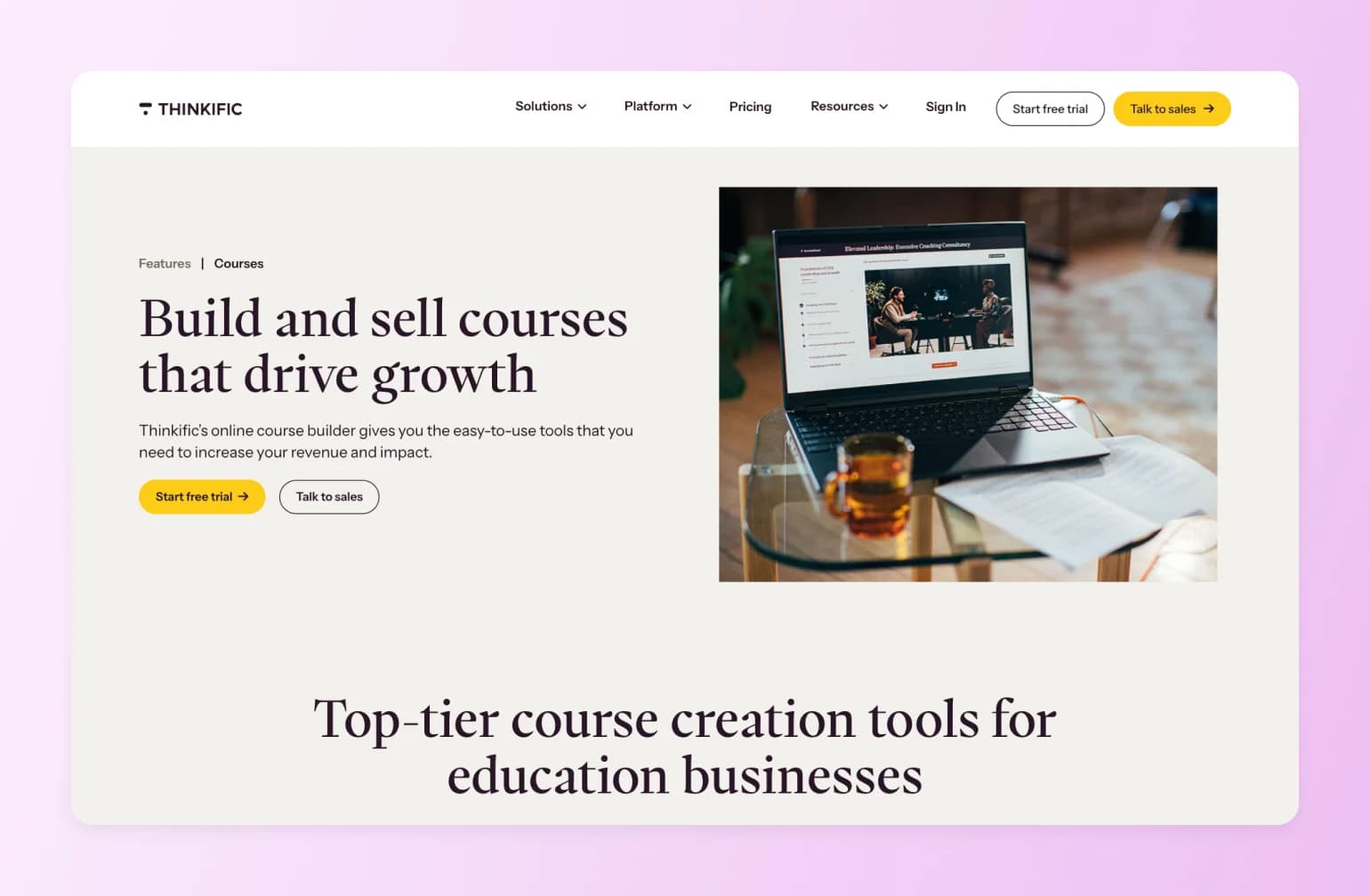 Laptop showing an executive leadership course page, illustrating one of the best AI tools for creating online courses in 2026