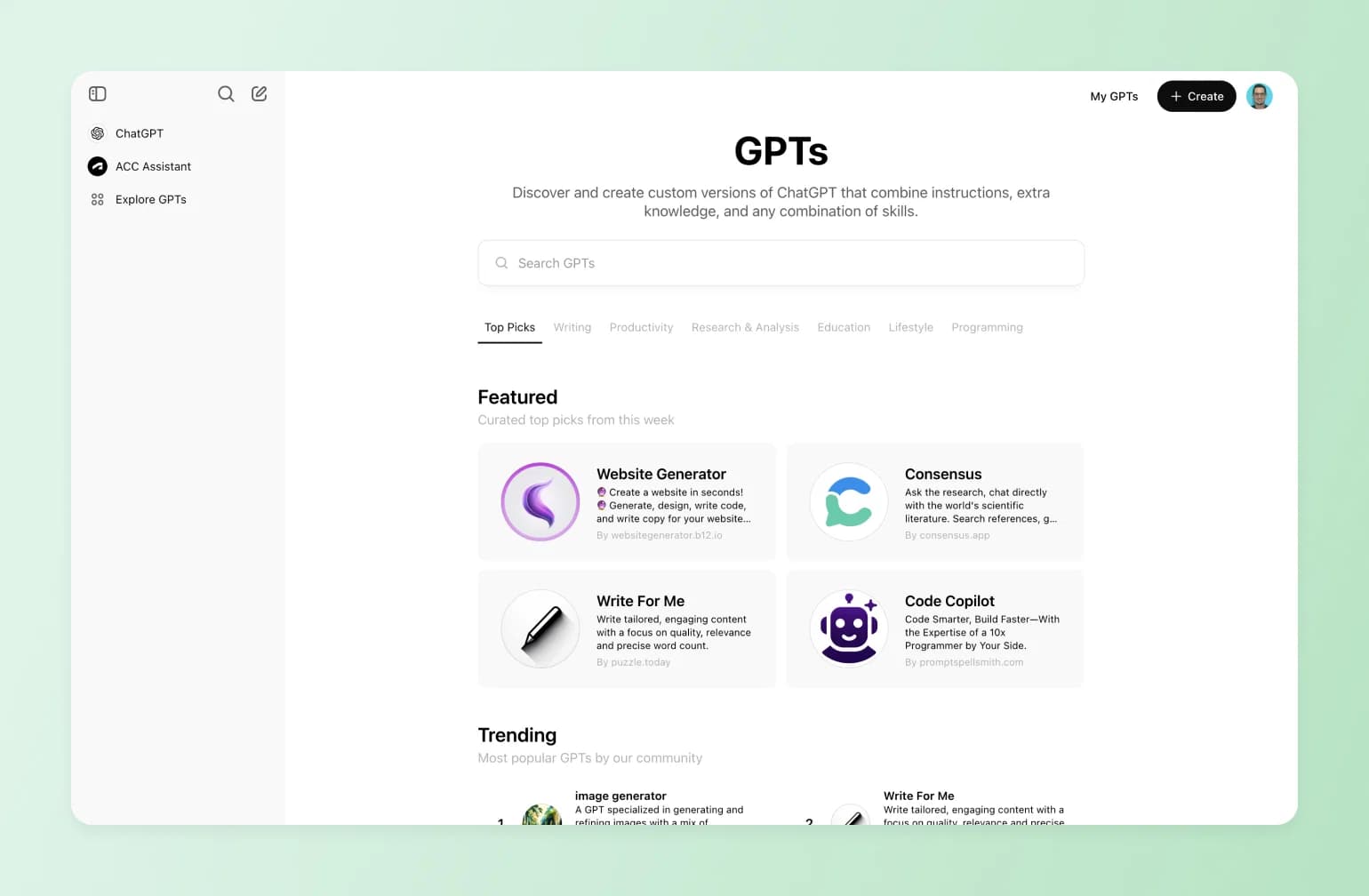 ChatGPT's GPTs store page listing custom tools like Code Copilot, useful to compare the best AI tools for coaches