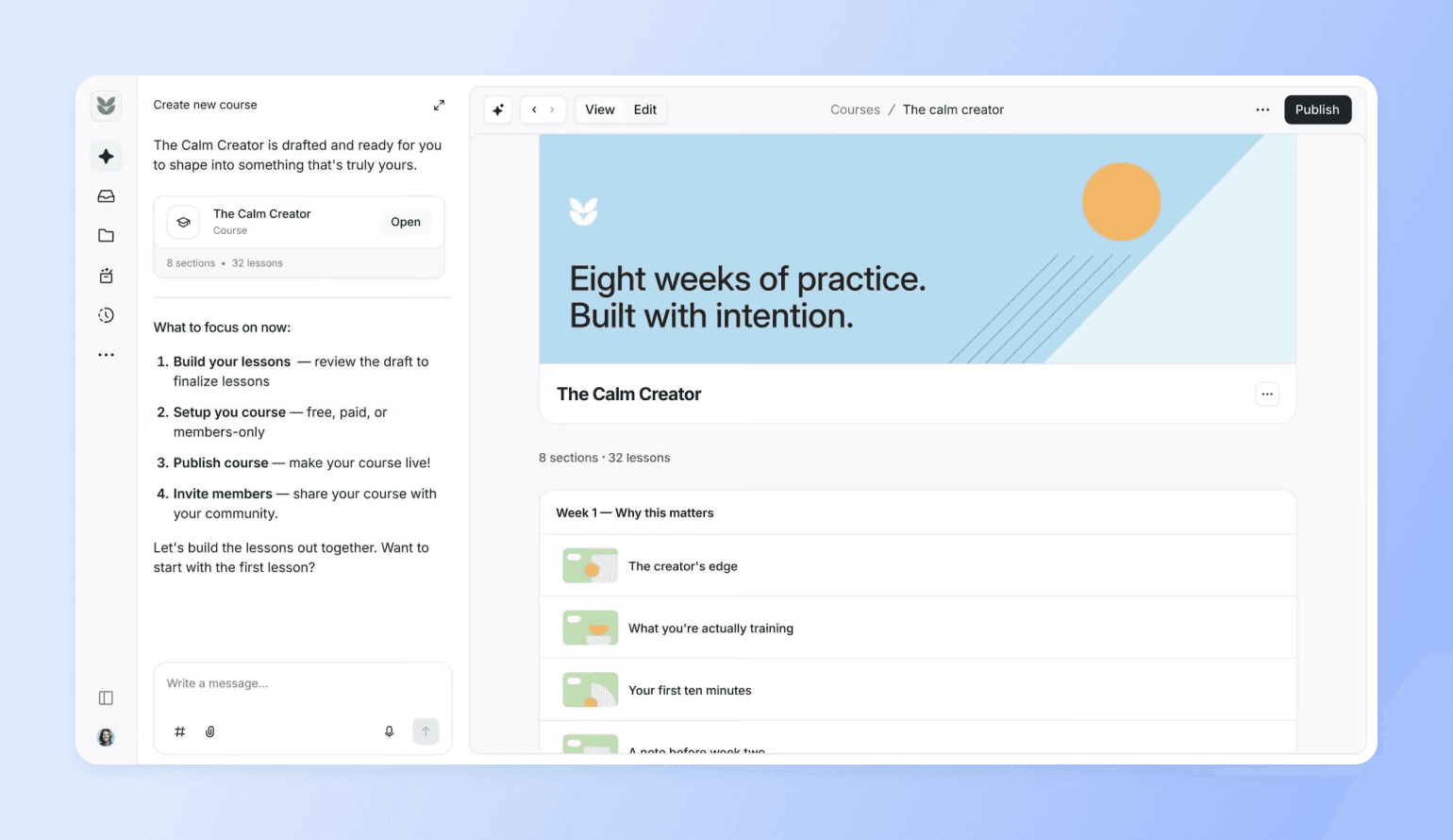 Course creation interface showing "The Calm Creator" eight-week program with gentle blue banner, orange circle accent, and lesson modules listed below