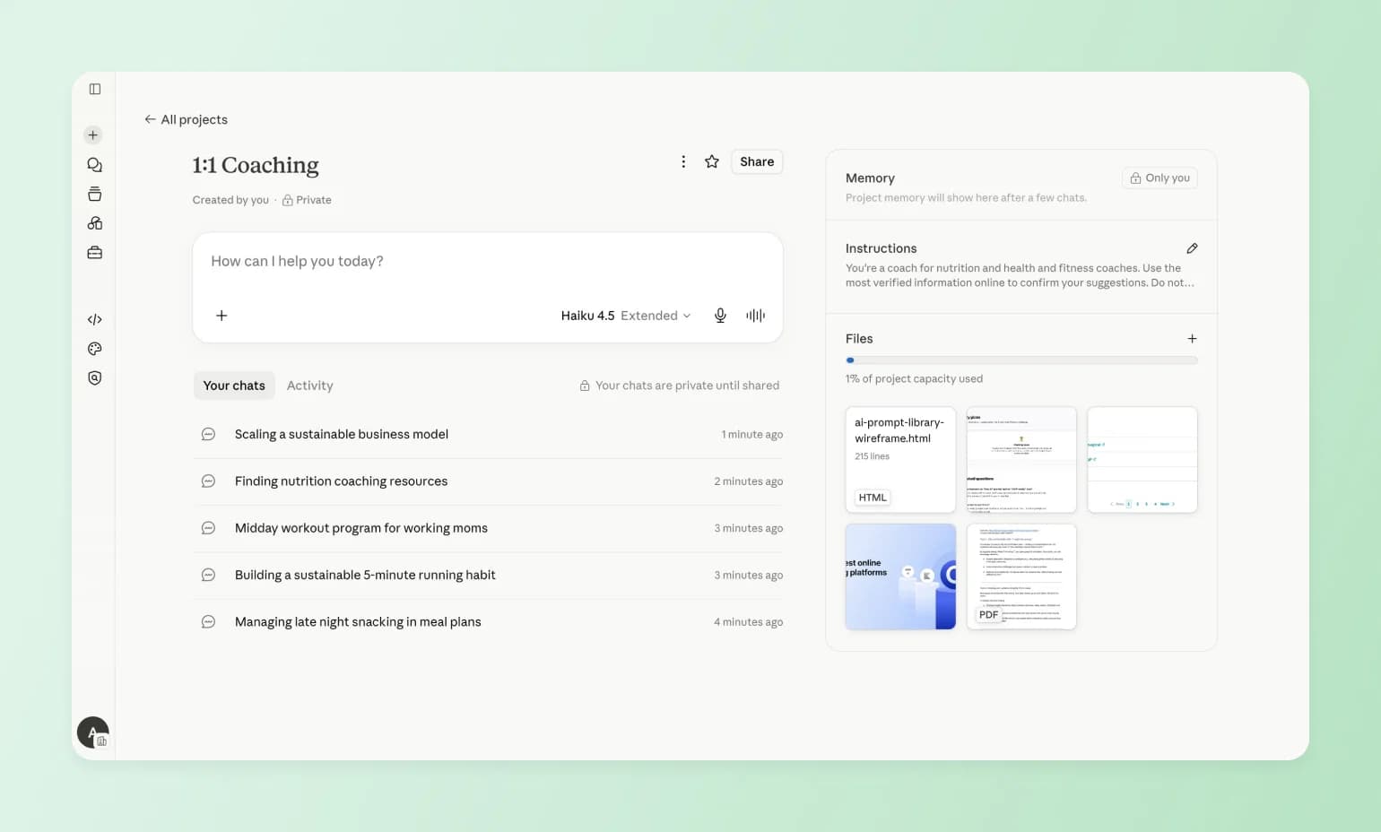 1:1 Coaching project on Claude with saved chats and files, showing one of the best AI tools for coaches 