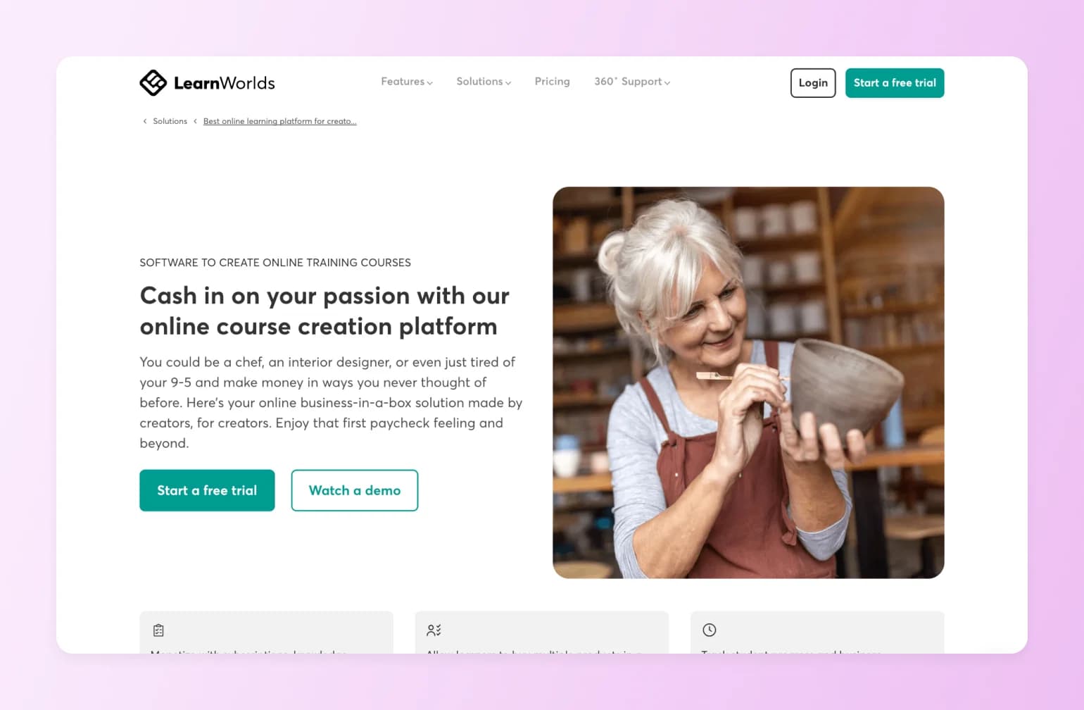 Homepage for learnworlds, including a potter shaping a clay bowl in her studio, representing creators turning skills into online courses