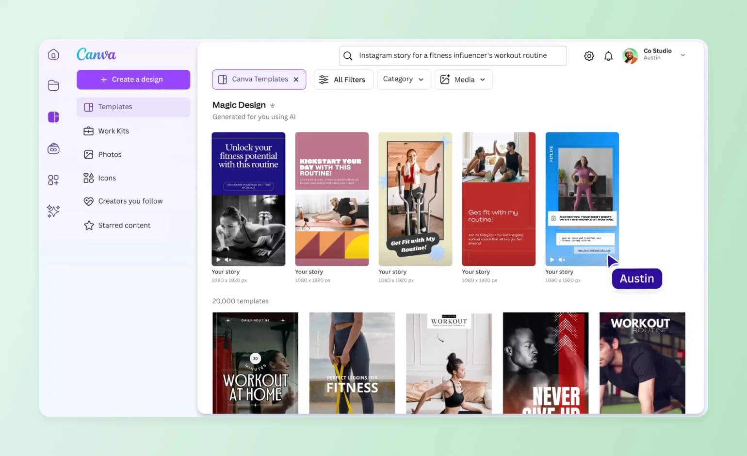 Canva's Magic Design search results generating fitness Instagram story templates from a text prompt automatically