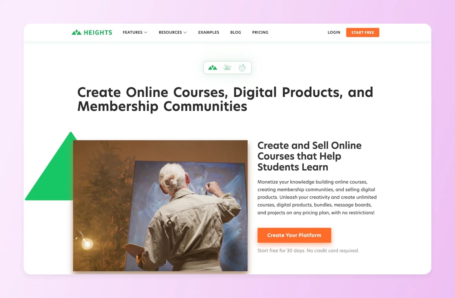 Heights homepage, showing an artist painting a canvas, illustrating creative skills course creators can turn into online courses using AI tools in 2026