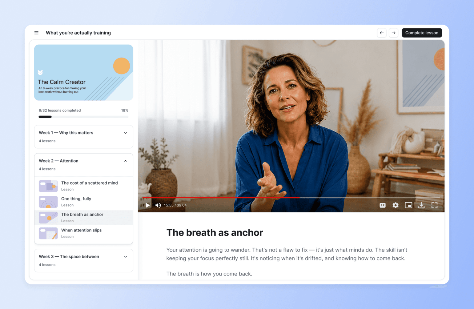 Online learning platform Circle showing "The Calm Creator" course with video lesson on breathing techniques and attention training