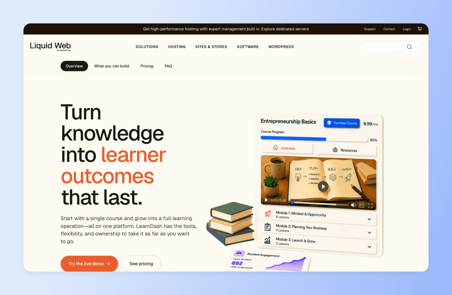 LearnDash learning management system dashboard showing Entrepreneurship Basics course with video player, progress bar at 60%, and stacked books illustration