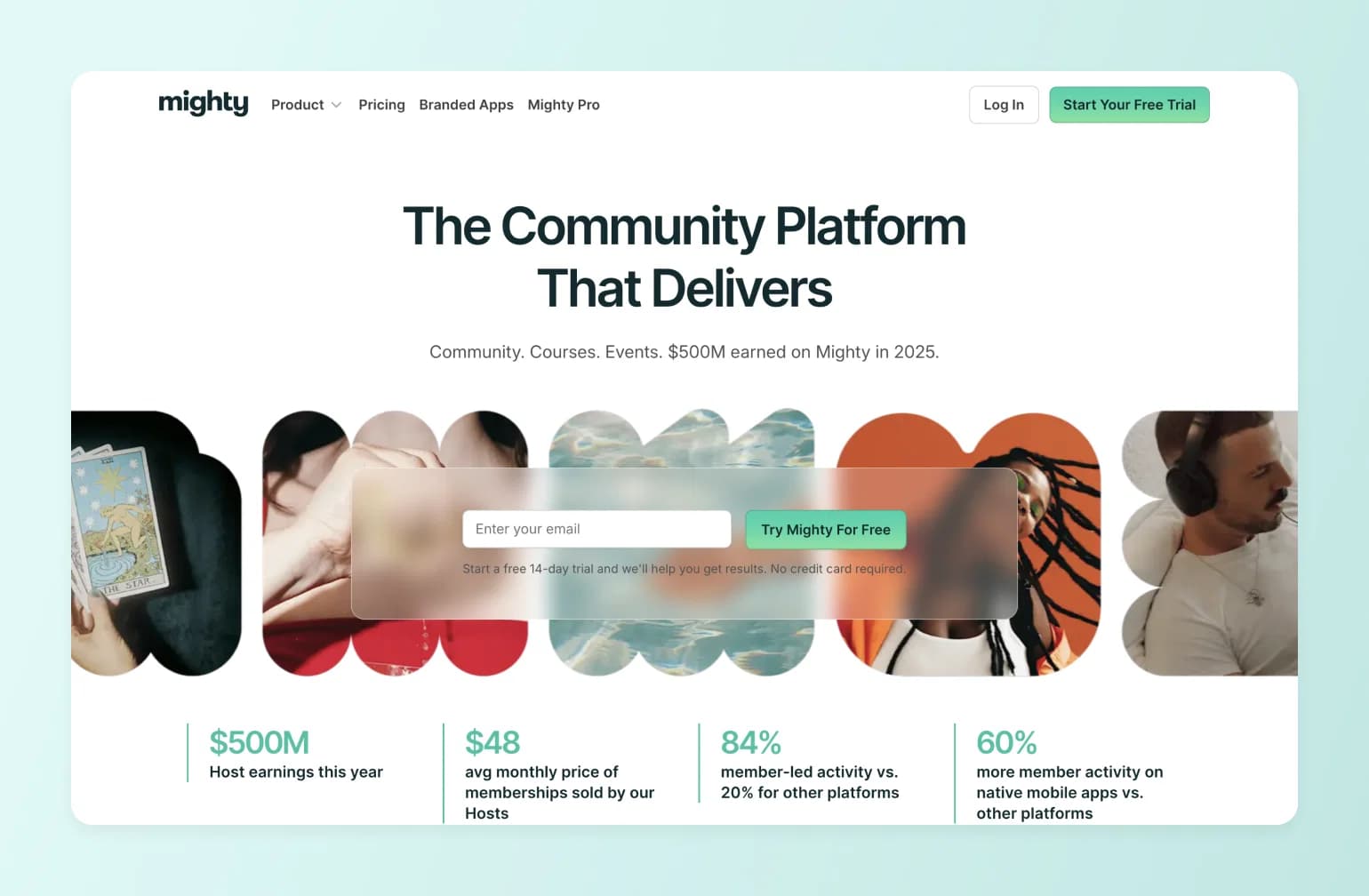 Mighty community platform homepage showing circular images of tarot cards, wellness, ocean waves, basketball, and people with headphones alongside key statistics