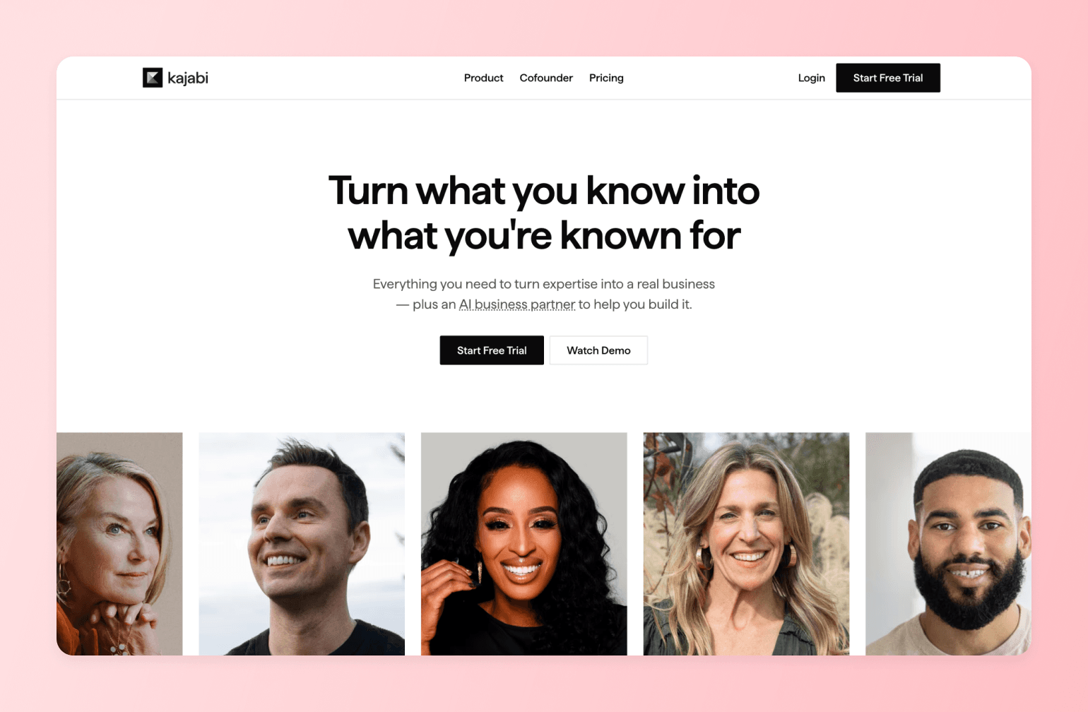 Kajabi landing page featuring main headline and row of five diverse smiling business professionals