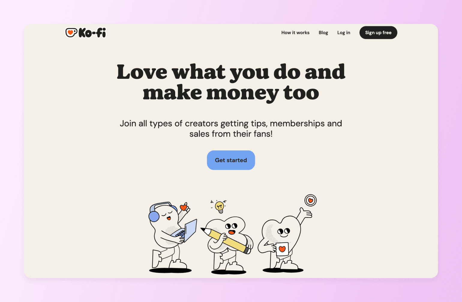 Ko-fi homepage featuring three cartoon coffee cup characters: one with laptop, one holding pencil with lightbulb, one with heart giving thumbs up