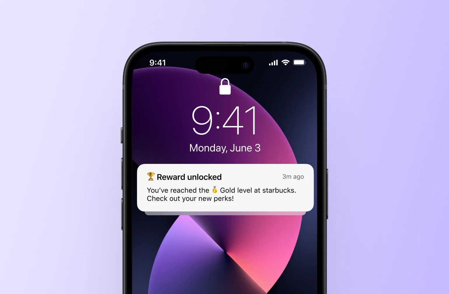 iPhone lock screen showing Starbucks reward notification for reaching Gold level, displaying 9:41 on Monday, June 3