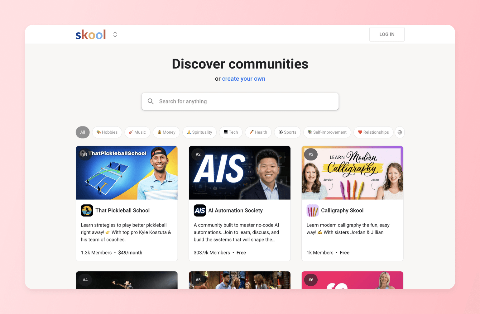 Skool platform homepage showing community discovery grid with featured groups including That Pickleball School, AI Automation Society, and Calligraphy Skool with category filters and search bar