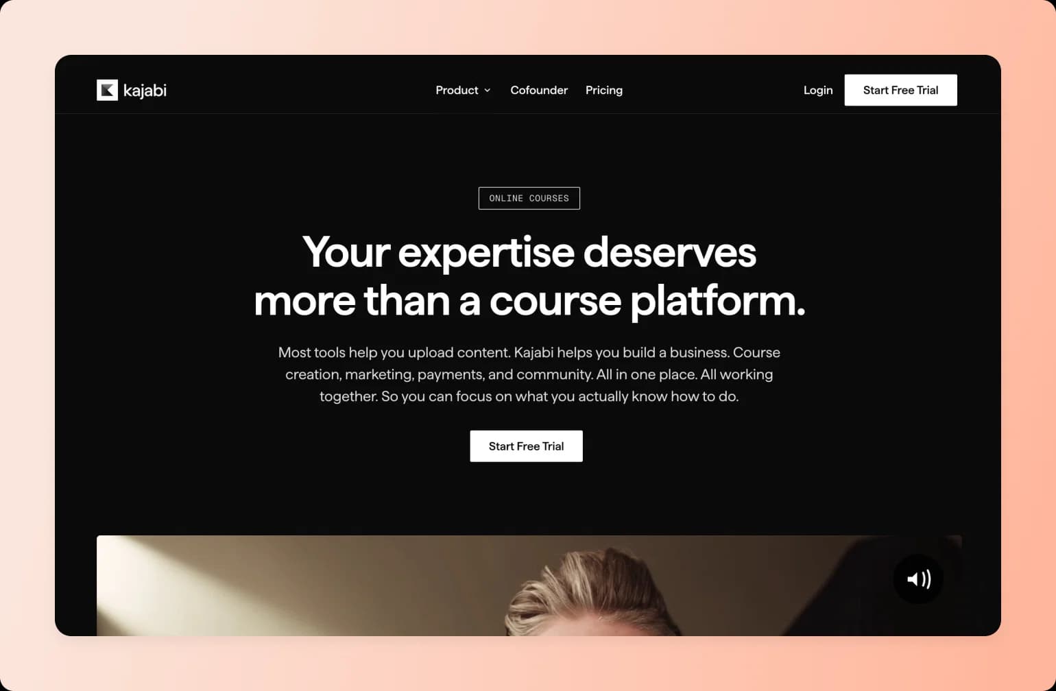 Kajabi online course platform homepage featuring headline about building a course business with all-in-one tools