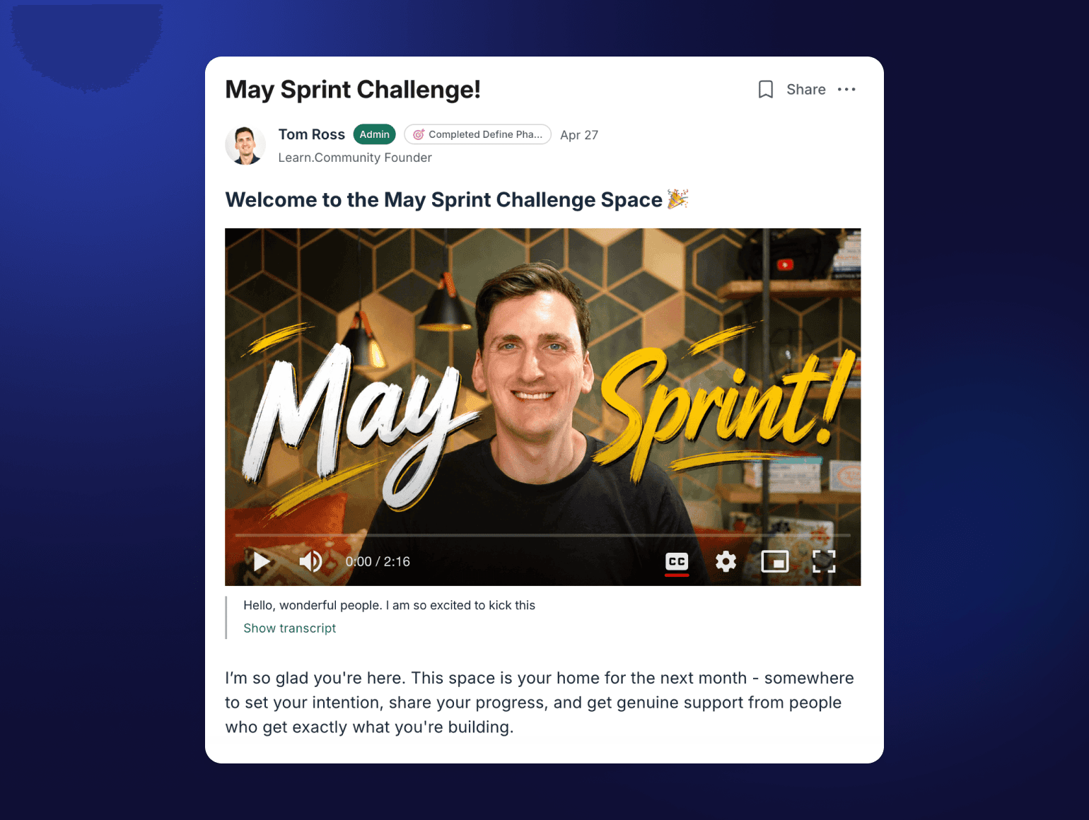 Video thumbnail showing smiling man in black shirt with text "May Sprint!" in white and yellow brushstroke lettering against hexagonal tile backdrop