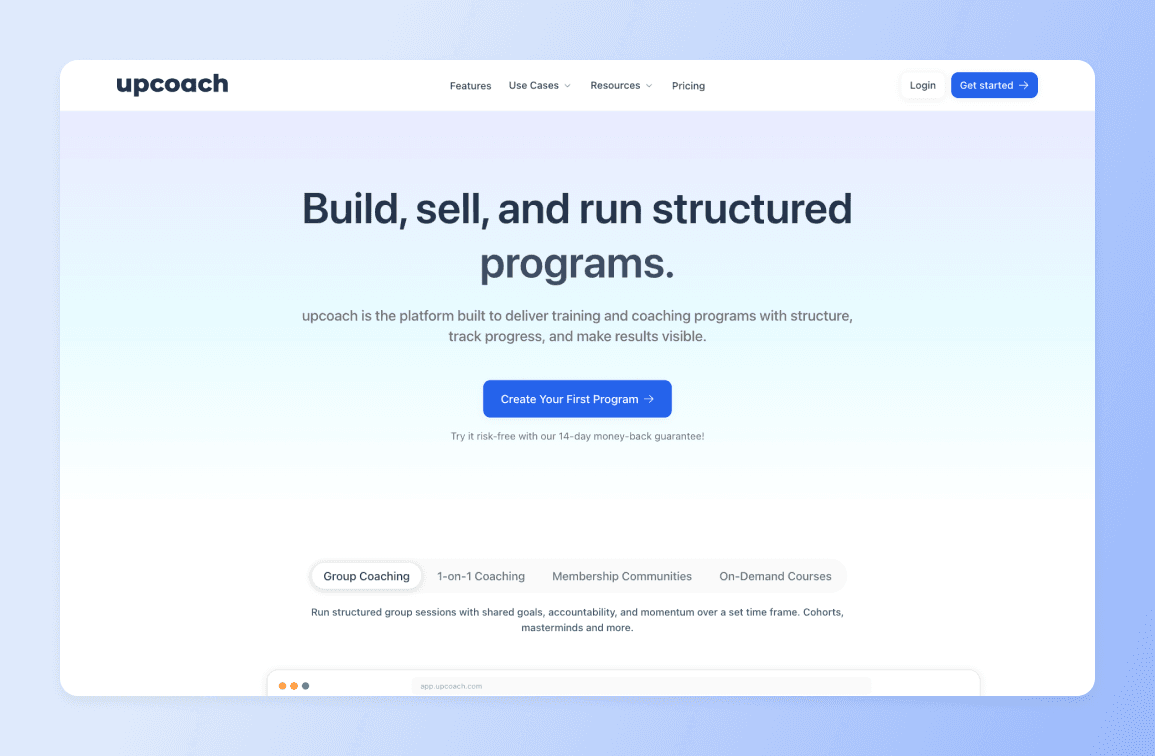 Upcoach homepage showing main headline about building and running structured training programs with navigation menu and call-to-action button