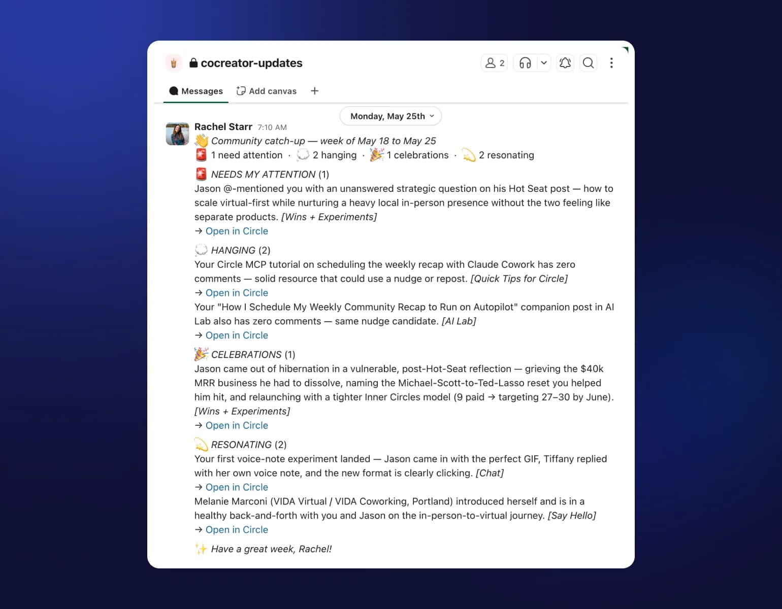 Community catch-up message from Rachel Starr showing status updates with emoji icons for items needing attention, hanging, celebrations, and resonating topics