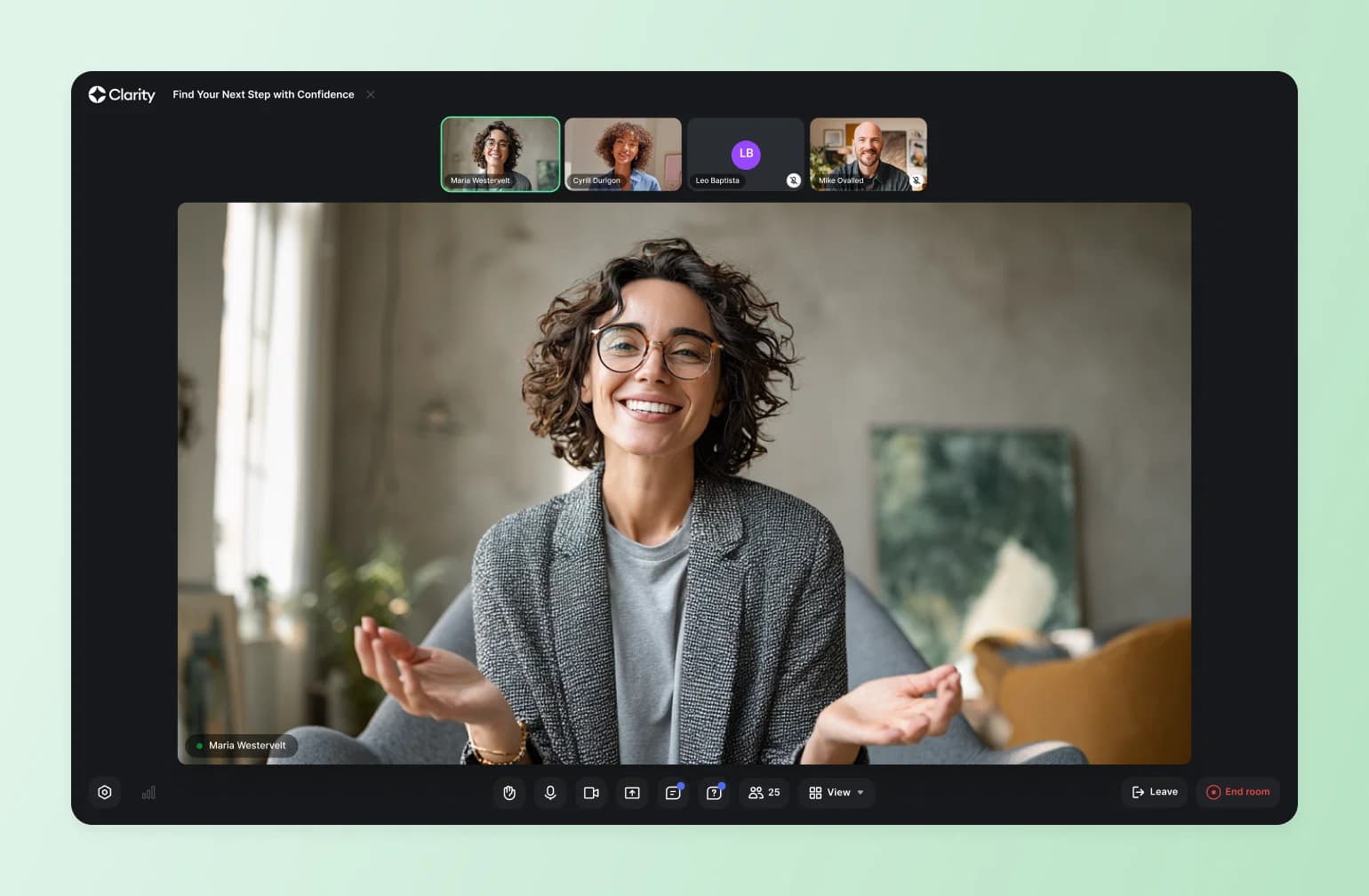 Video conference call showing woman with curly hair and glasses speaking, with participant thumbnails displayed above on the Circle live event interface.