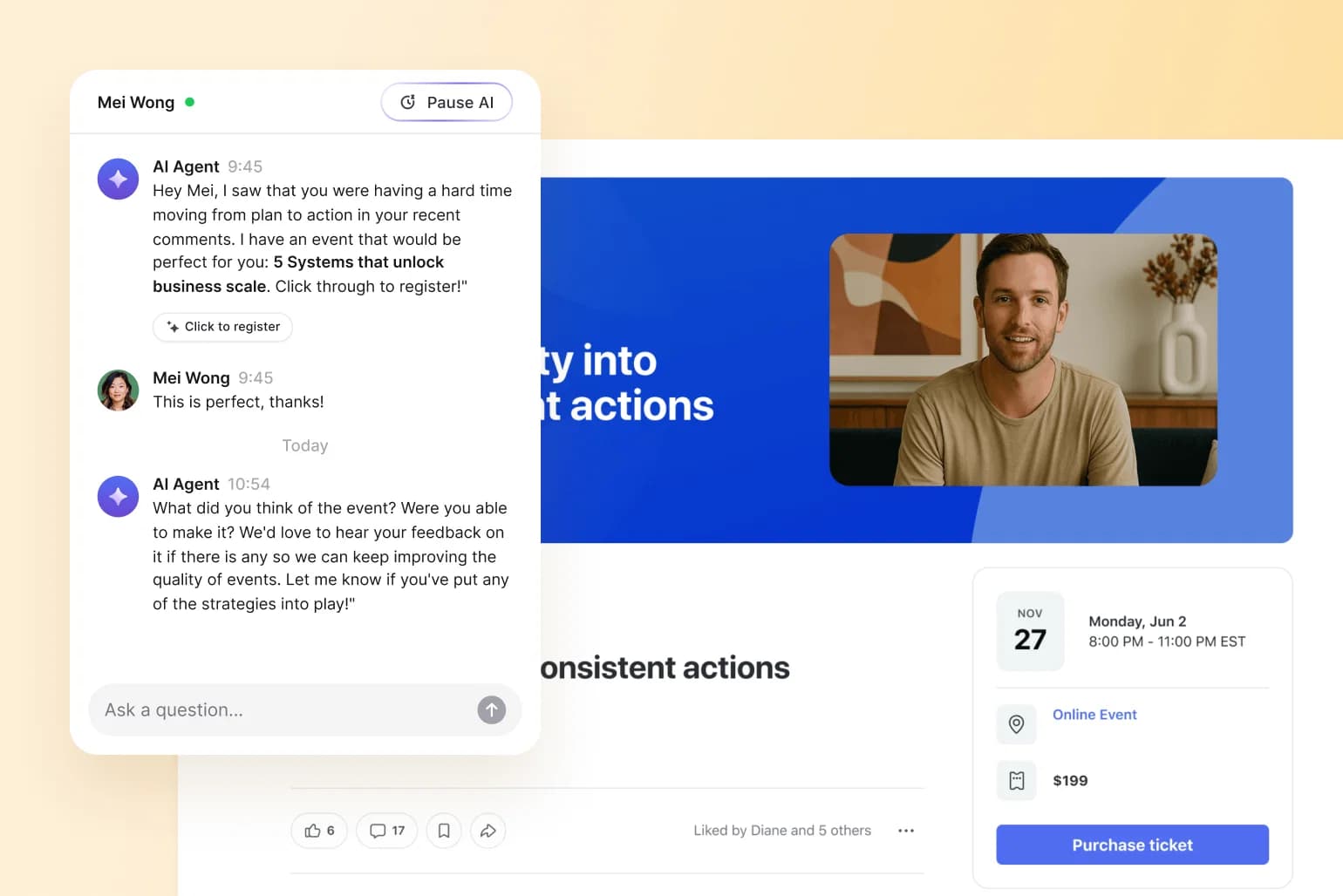 AI chatbot interface showing conversation between Mei Wong and AI Agent about business event registration, alongside event details for November 27 webinar priced at $199