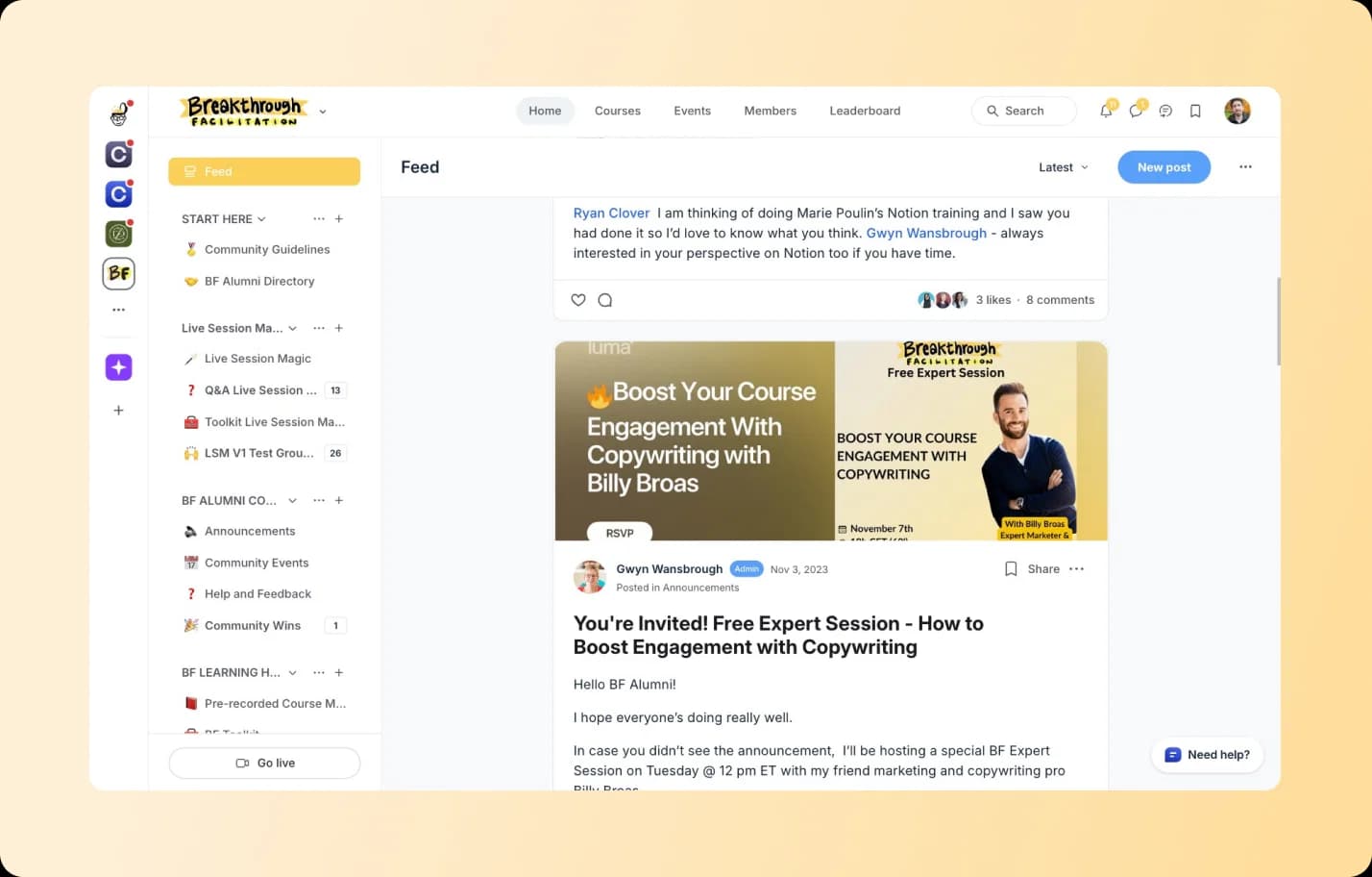 Breakthrough Facilitation community platform showing feed with announcement for free copywriting expert session hosted by Billy Broas