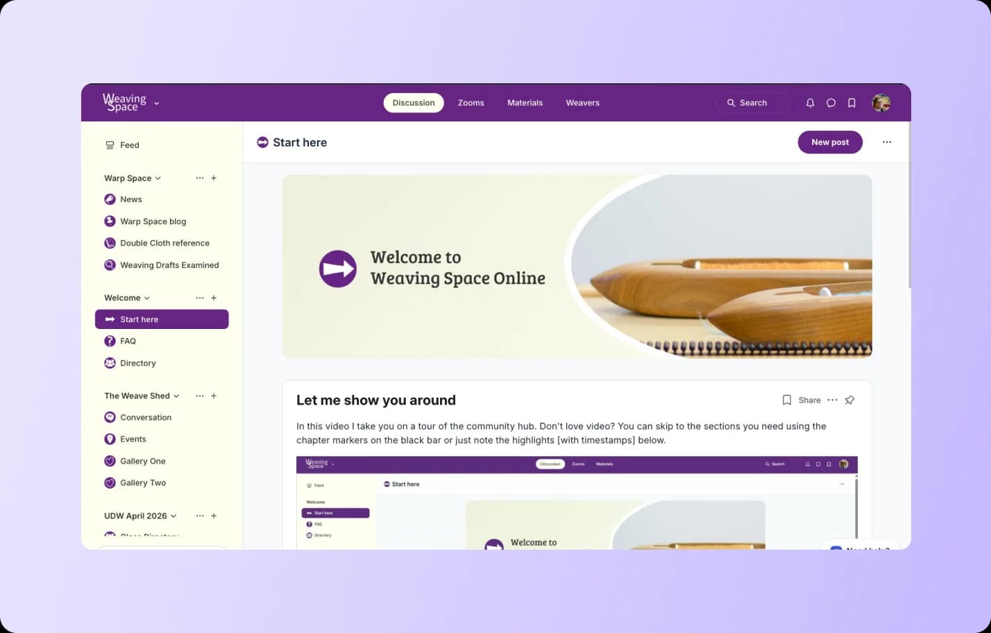 Wooden boat shuttles and weaving tools arranged on light background for Weaving Space Online welcome banner