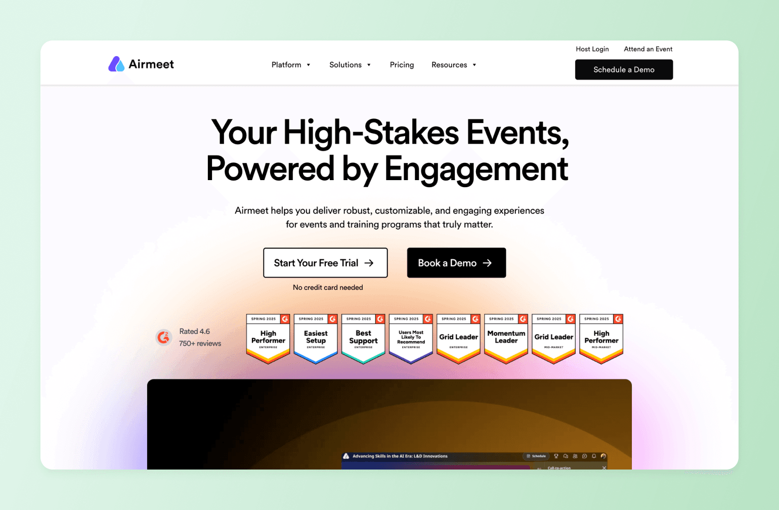 Airmeet event platform homepage featuring G2 awards including High Performer, Best Support, Grid Leader, and Momentum Leader badges