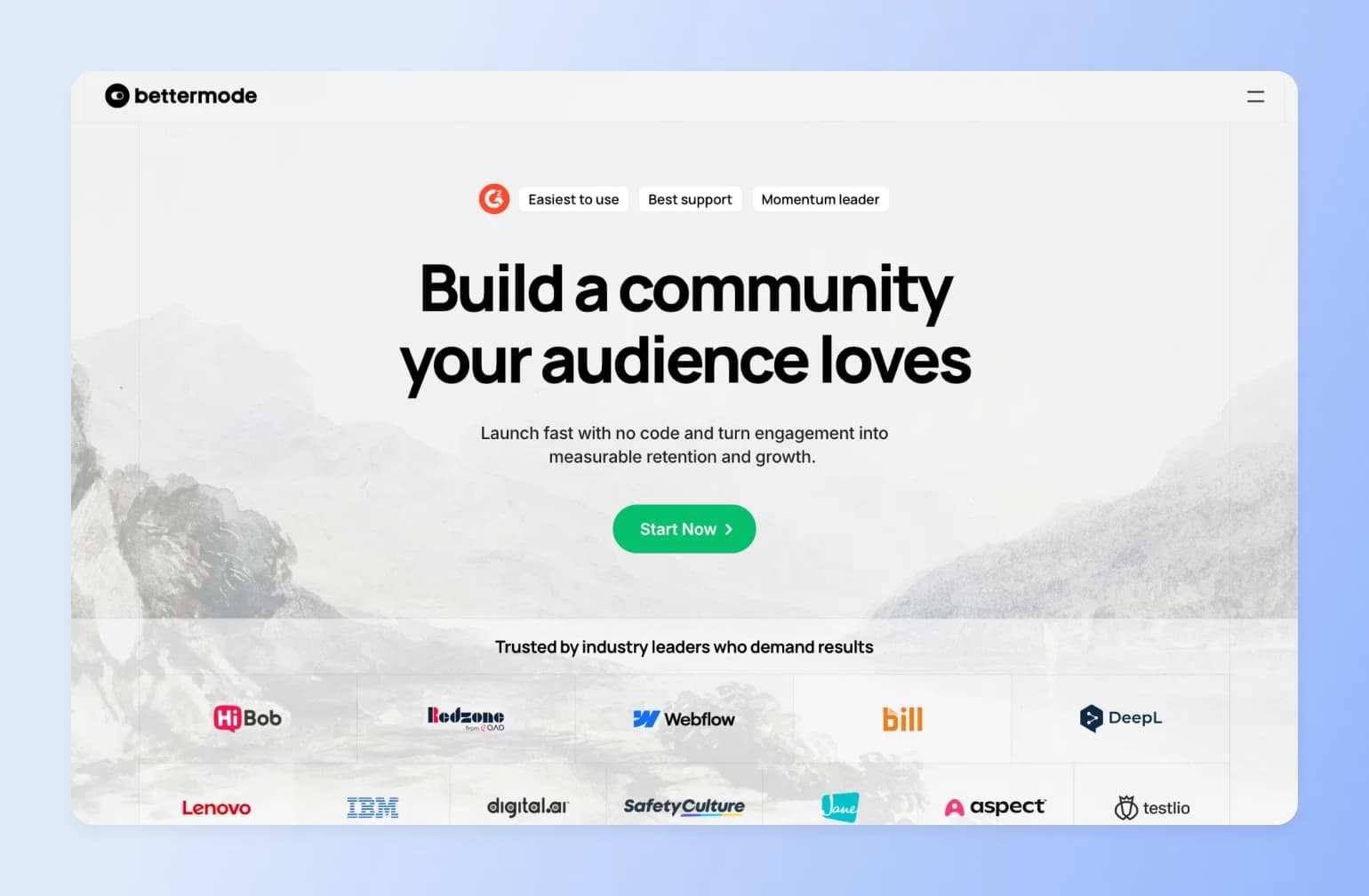 Bettermode landing page showcasing community platform with mountain lake background and logos of trusted companies like IBM, Webflow, and Lenovo