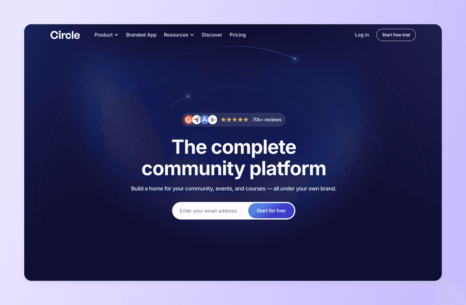 Circle community platform homepage with navy blue background, featuring five-star rating badge, headline text, and email signup form