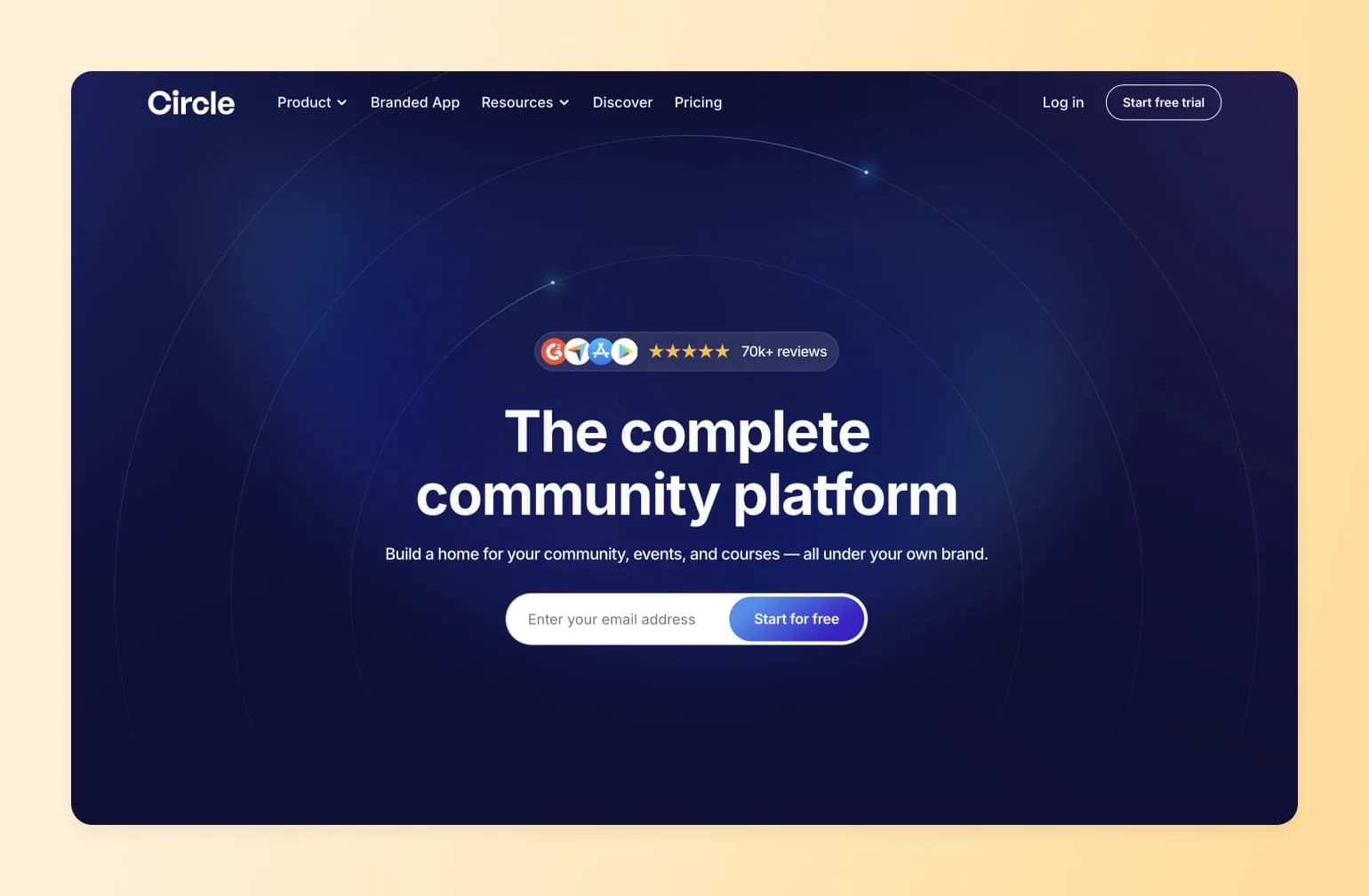 Circle community platform homepage showing five-star rating badge, headline text, and email signup form on dark blue background
